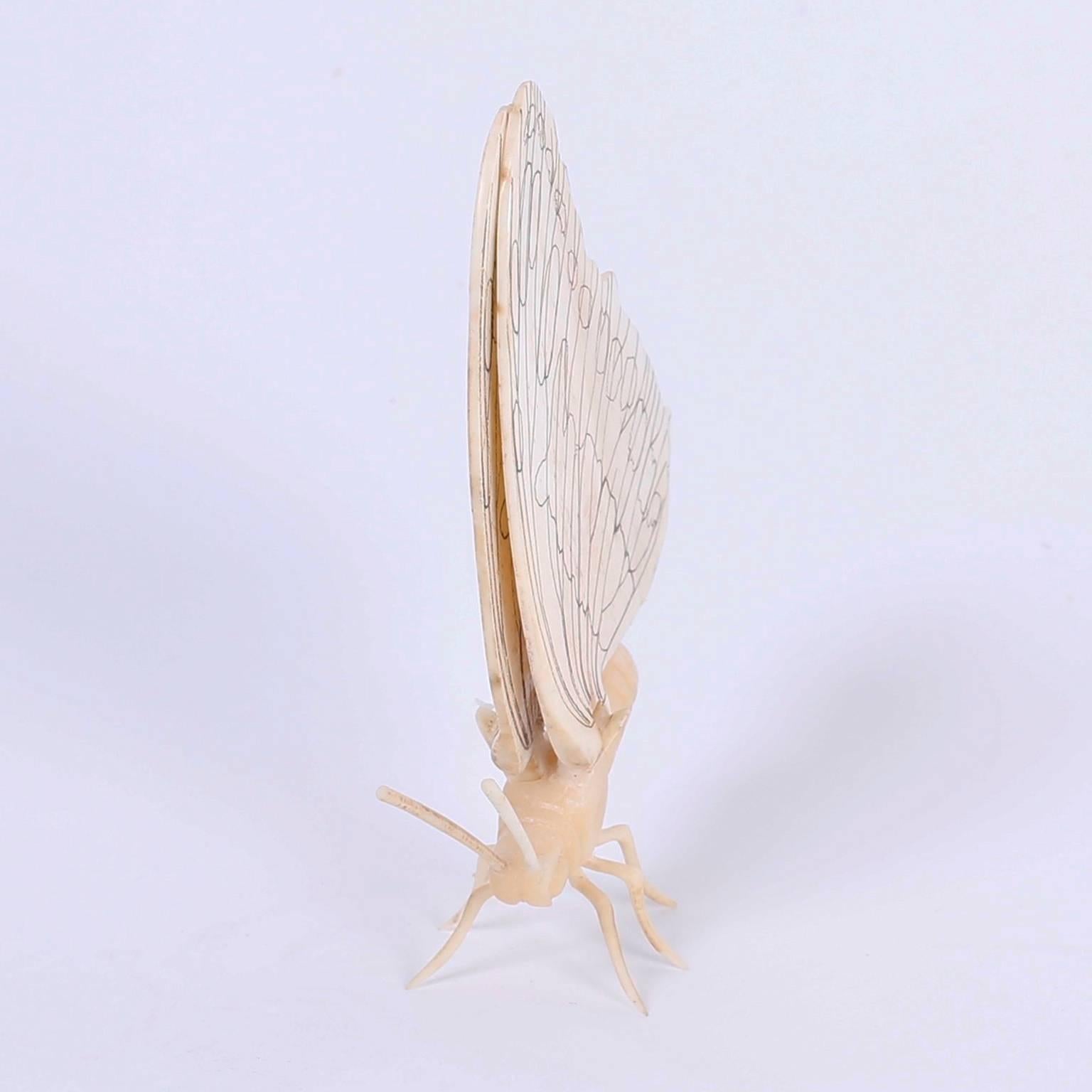 Amusing Chinese carved bone butterfly with inscribed moveable wings and a realistic stance.