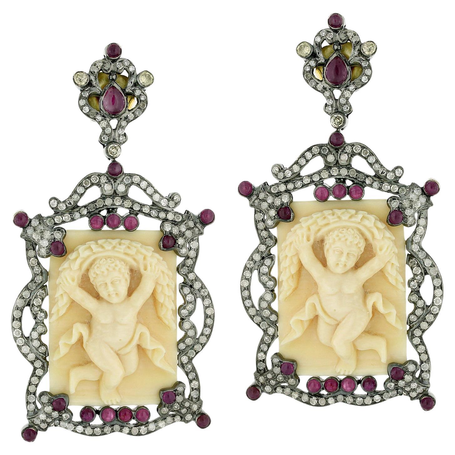 Carved Bone Dangle Earrings With Rubies and Diamonds 65.6 Carats For Sale