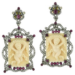 Vintage Carved Bone Dangle Earrings With Rubies and Diamonds 65.6 Carats