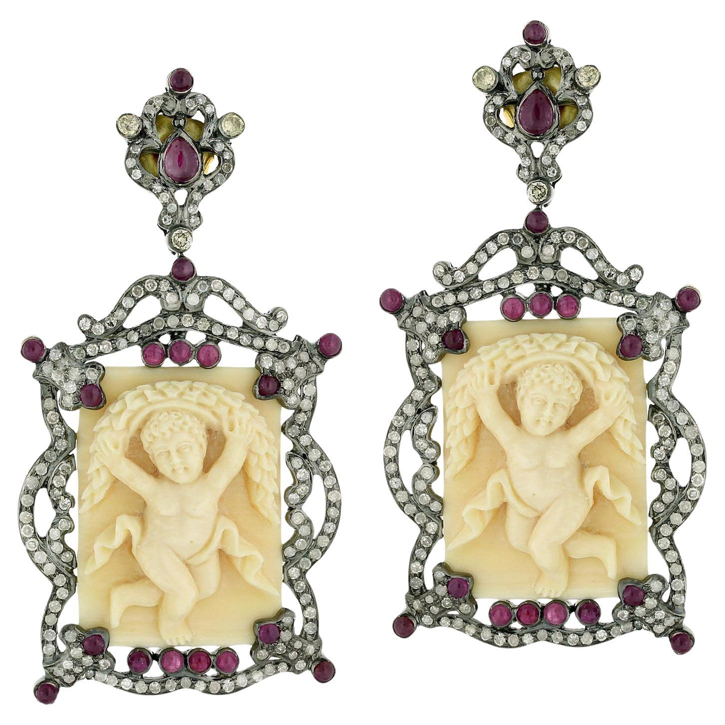 Carved Bone Dangle Earrings With Rubies and Diamonds 65.6 Carats For Sale