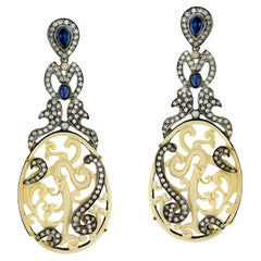 Vintage Carved Bone Dangle Earrings With Sapphires and Diamonds 25.65 Carats