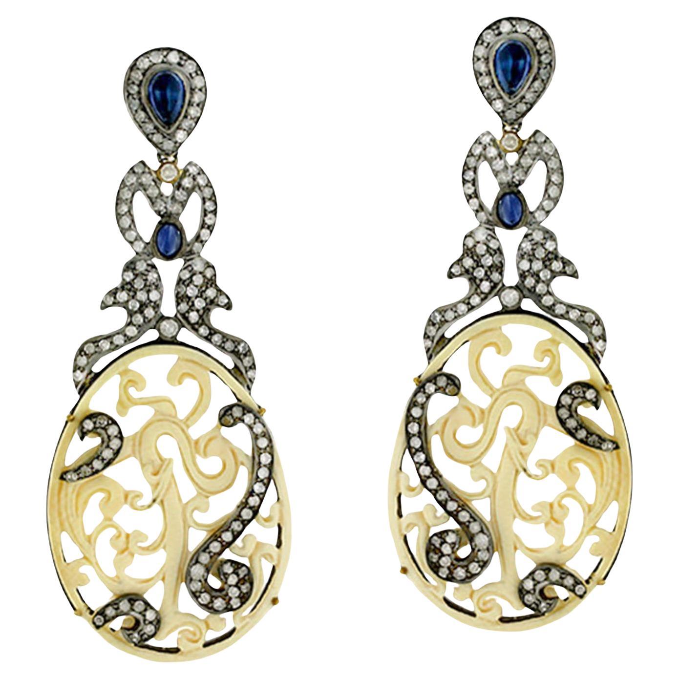 Carved Bone Dangle Earrings With Sapphires and Diamonds 25.65 Carats