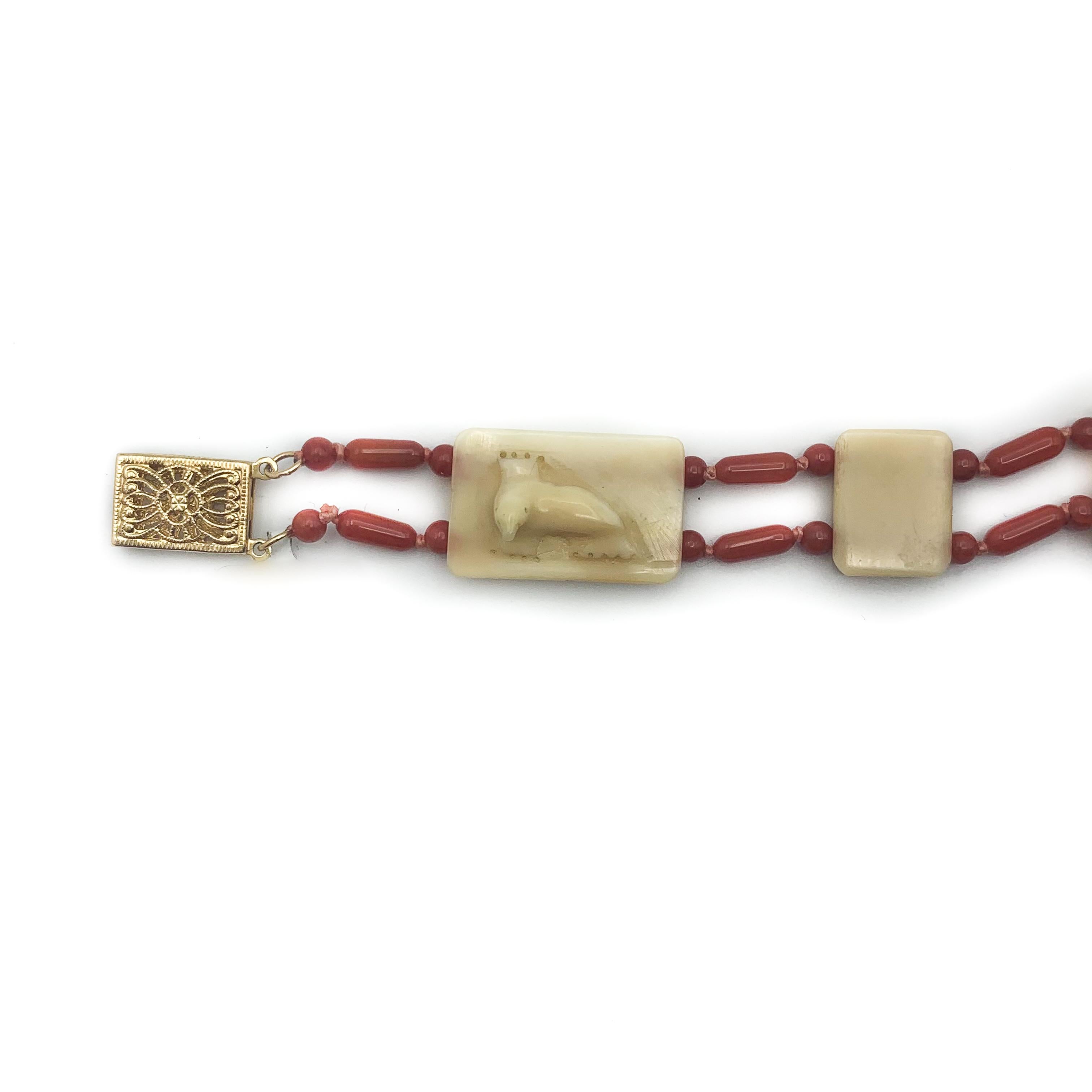 Bead Carved Bone & Fine Coral Bracelet W/14K Gold Clasp