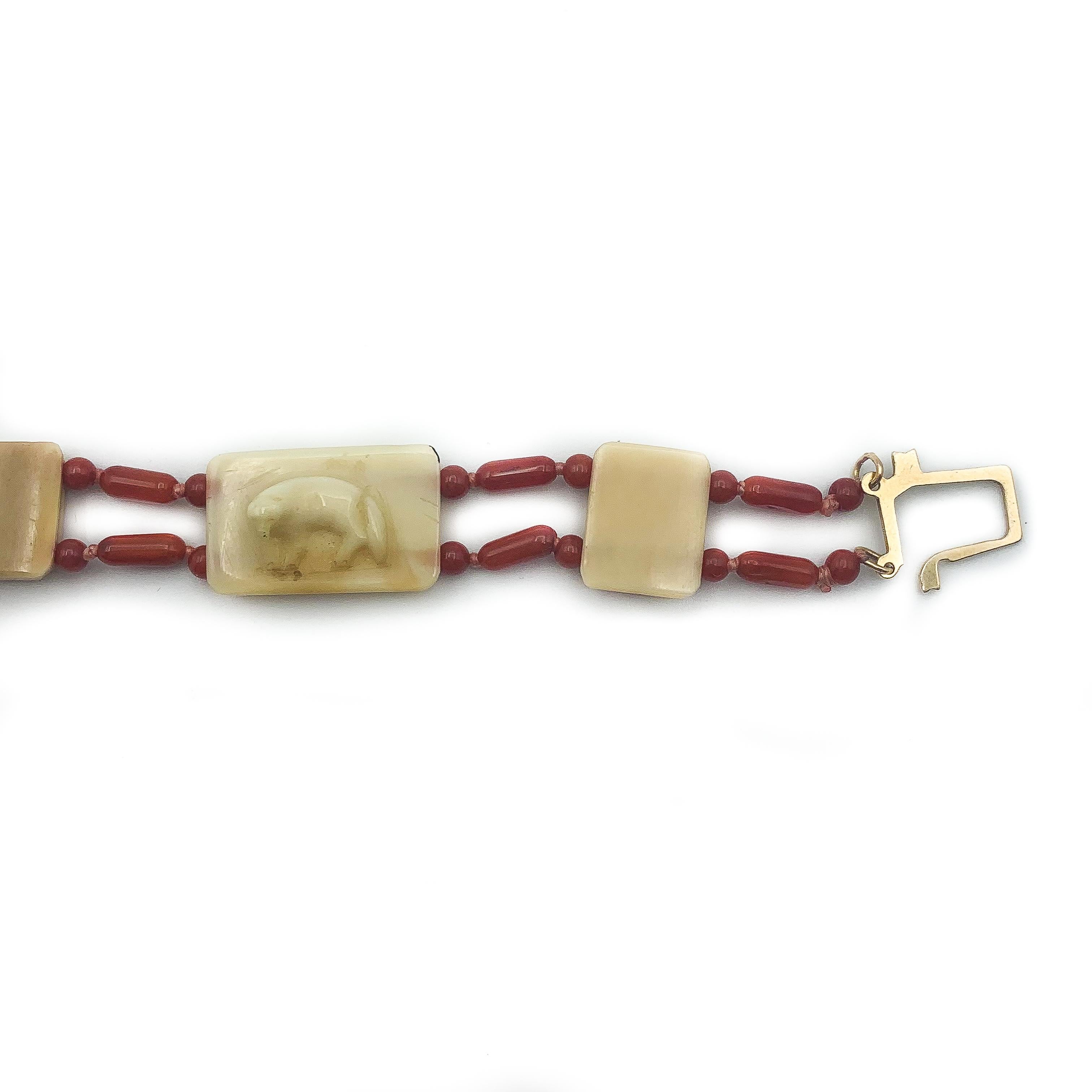 Carved Bone & Fine Coral Bracelet W/14K Gold Clasp In Excellent Condition In Carlsbad, CA