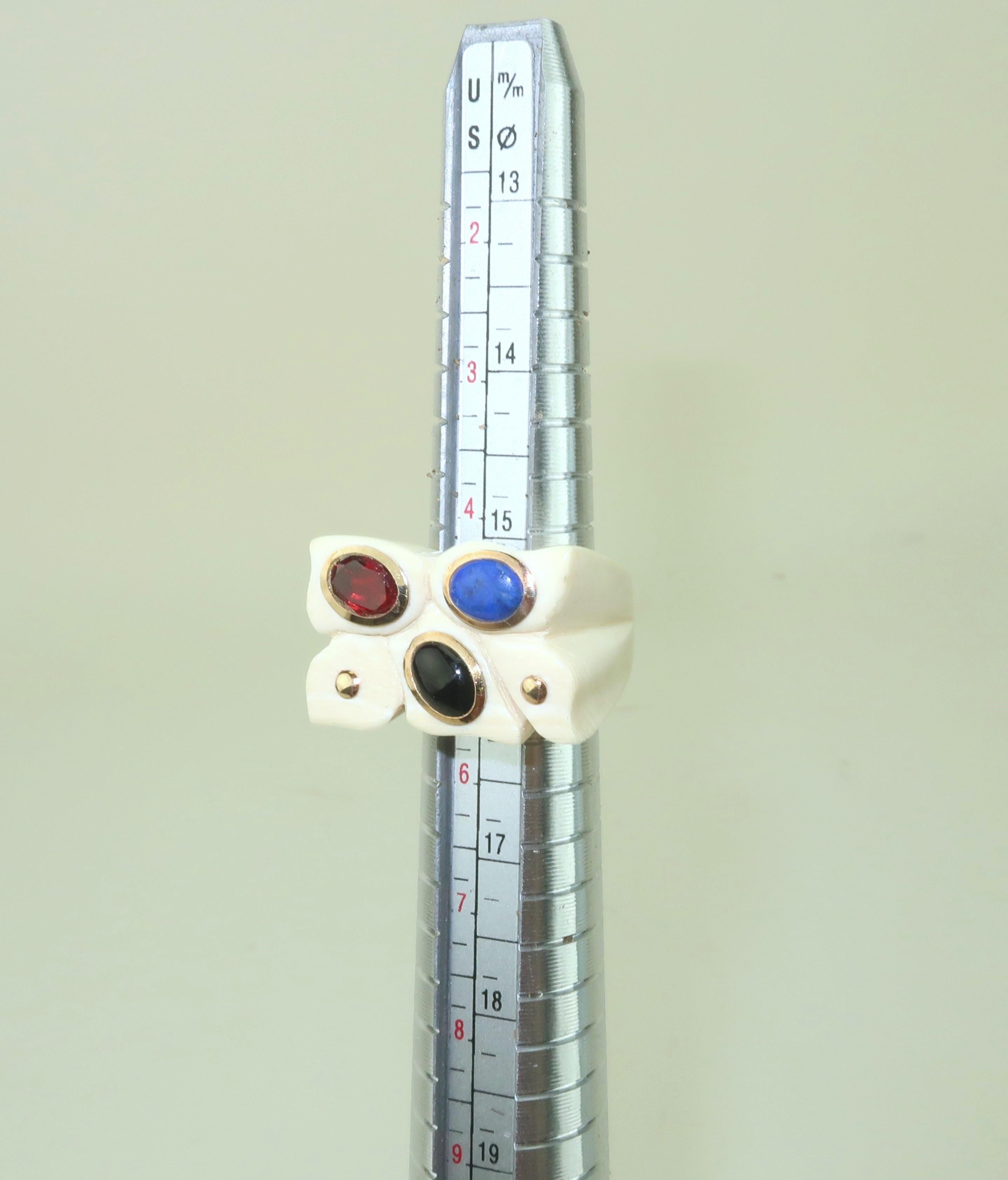 Carved Bone Ring With 14K Framed Semi Precious Stones, 1970’s For Sale 4