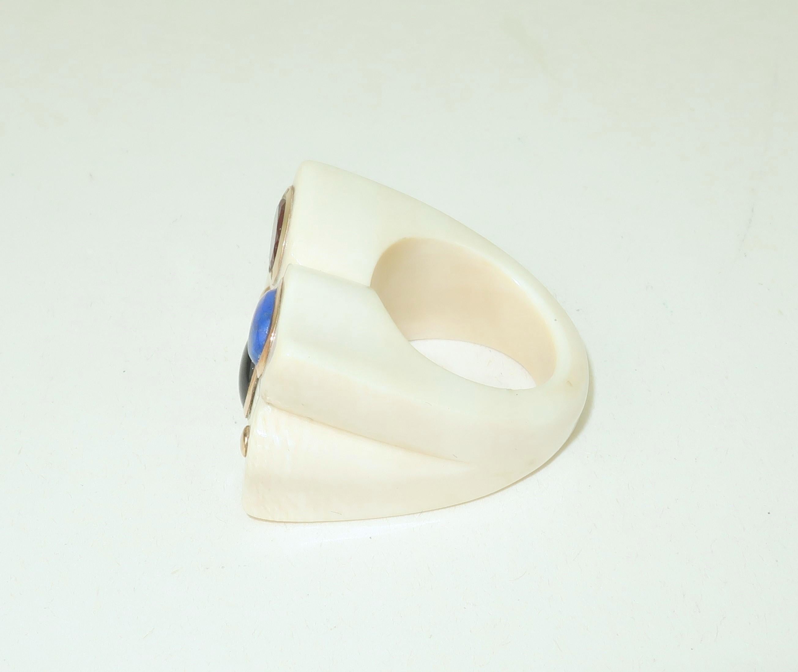 Modernist Carved Bone Ring With 14K Framed Semi Precious Stones, 1970’s For Sale