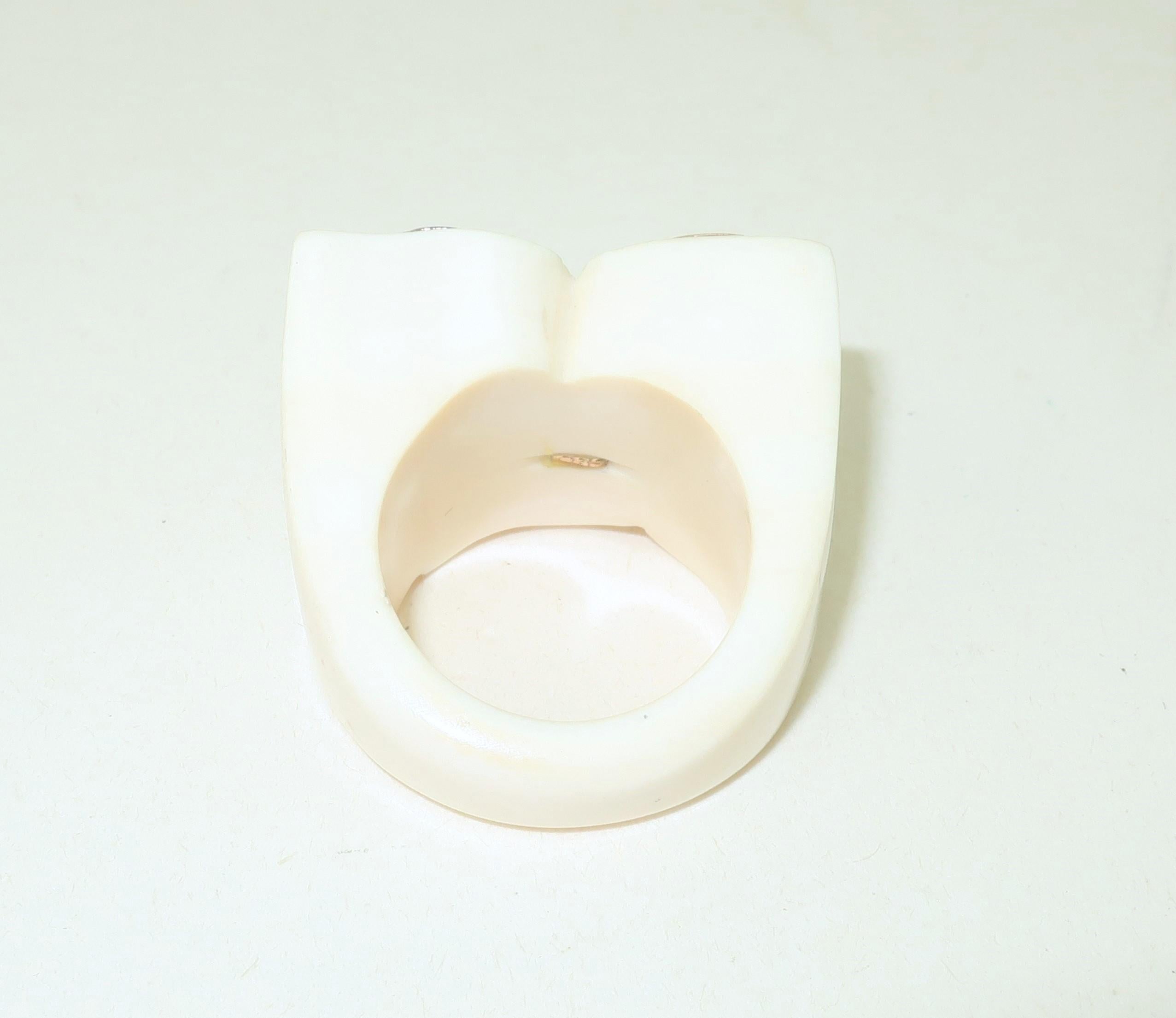 Cabochon Carved Bone Ring With 14K Framed Semi Precious Stones, 1970’s For Sale
