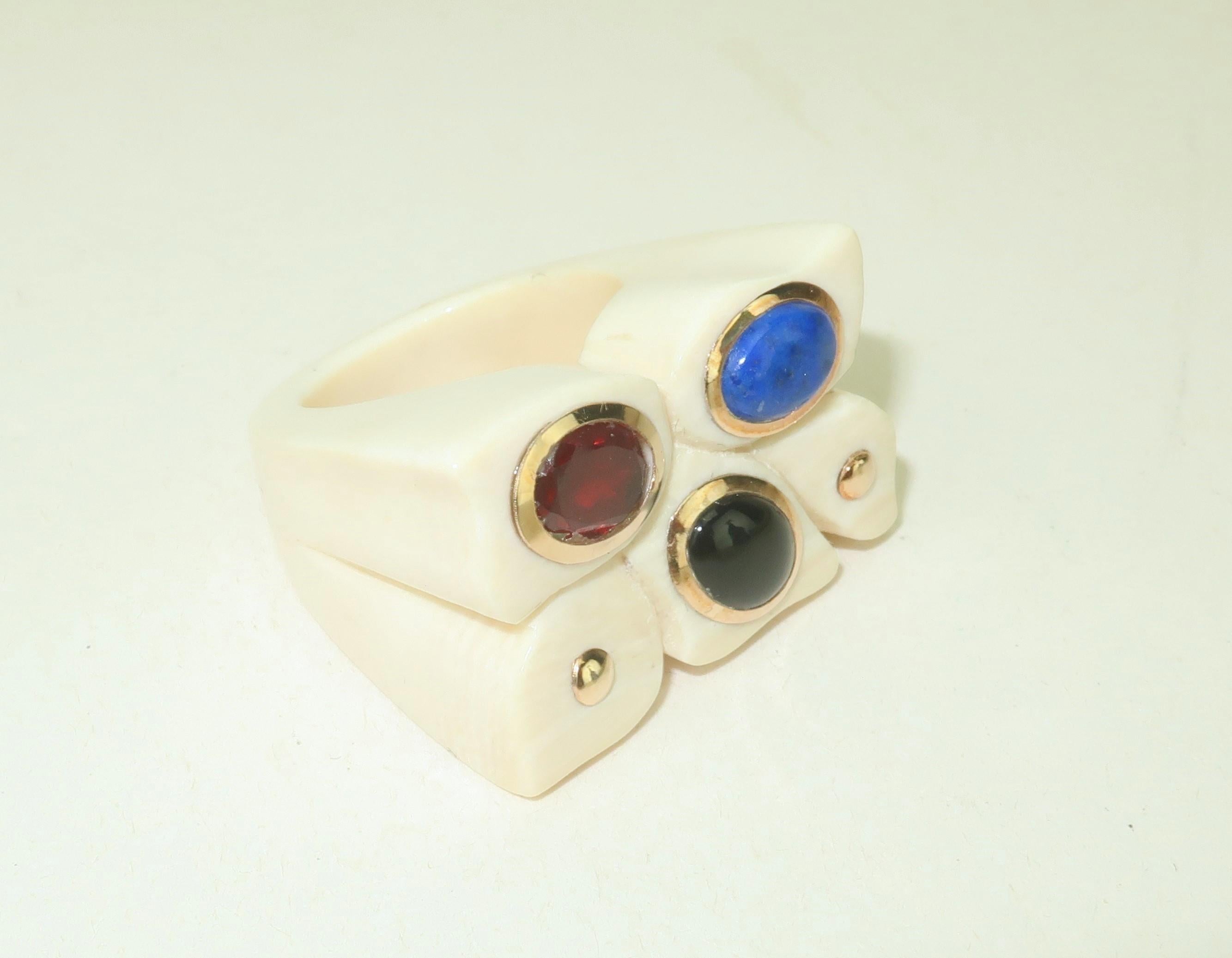 Carved Bone Ring With 14K Framed Semi Precious Stones, 1970’s In Good Condition For Sale In Atlanta, GA