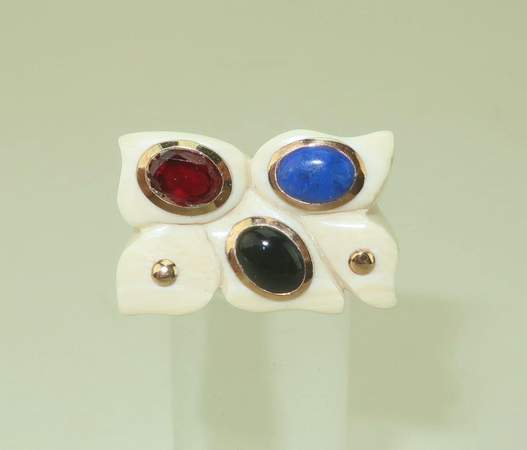 Women's Carved Bone Ring With 14K Framed Semi Precious Stones, 1970’s For Sale