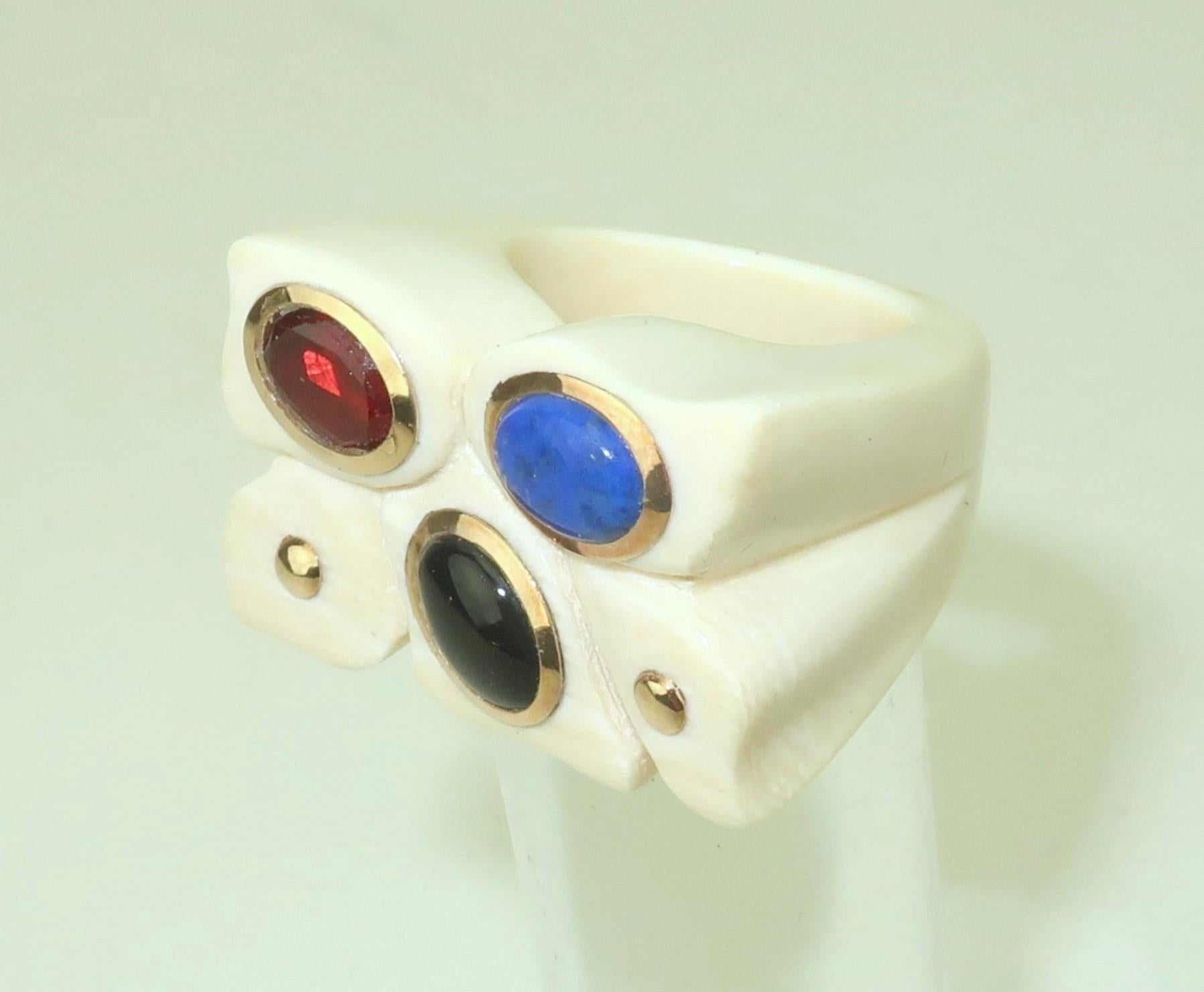 Carved Bone Ring With 14K Framed Semi Precious Stones, 1970’s For Sale 1