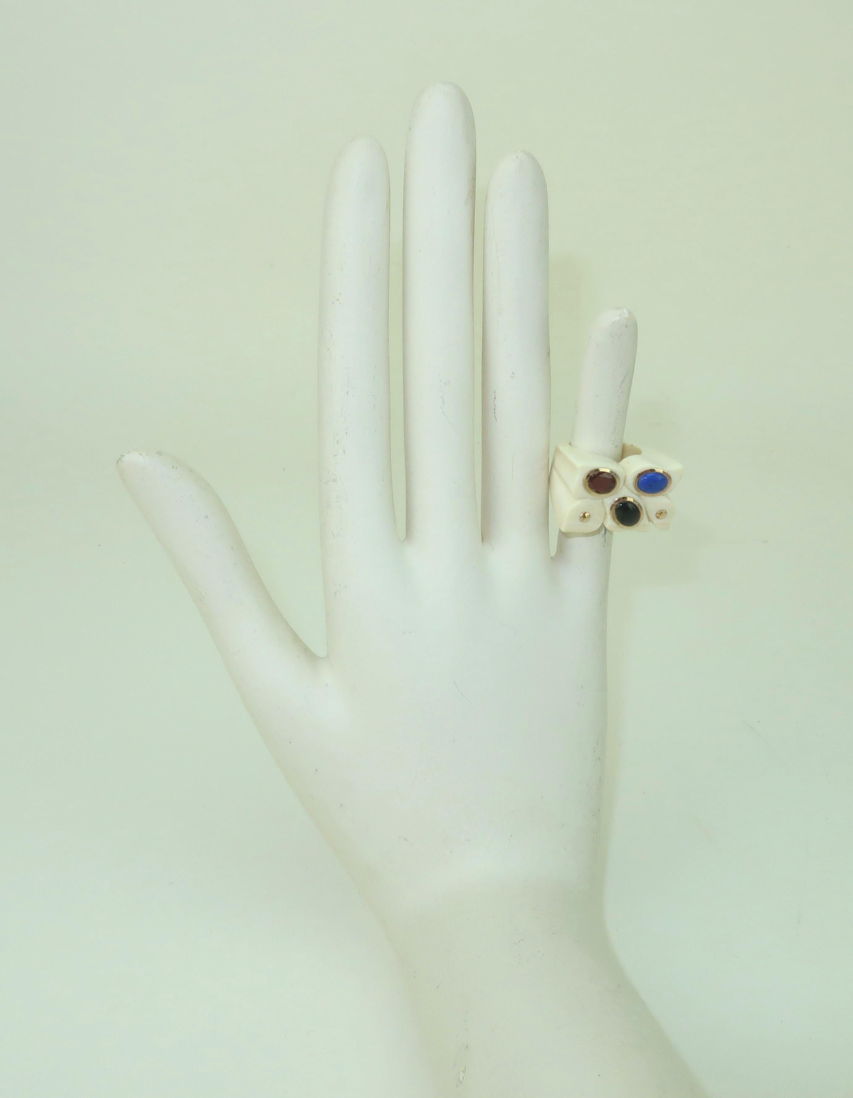 Carved Bone Ring With 14K Framed Semi Precious Stones, 1970’s For Sale 3
