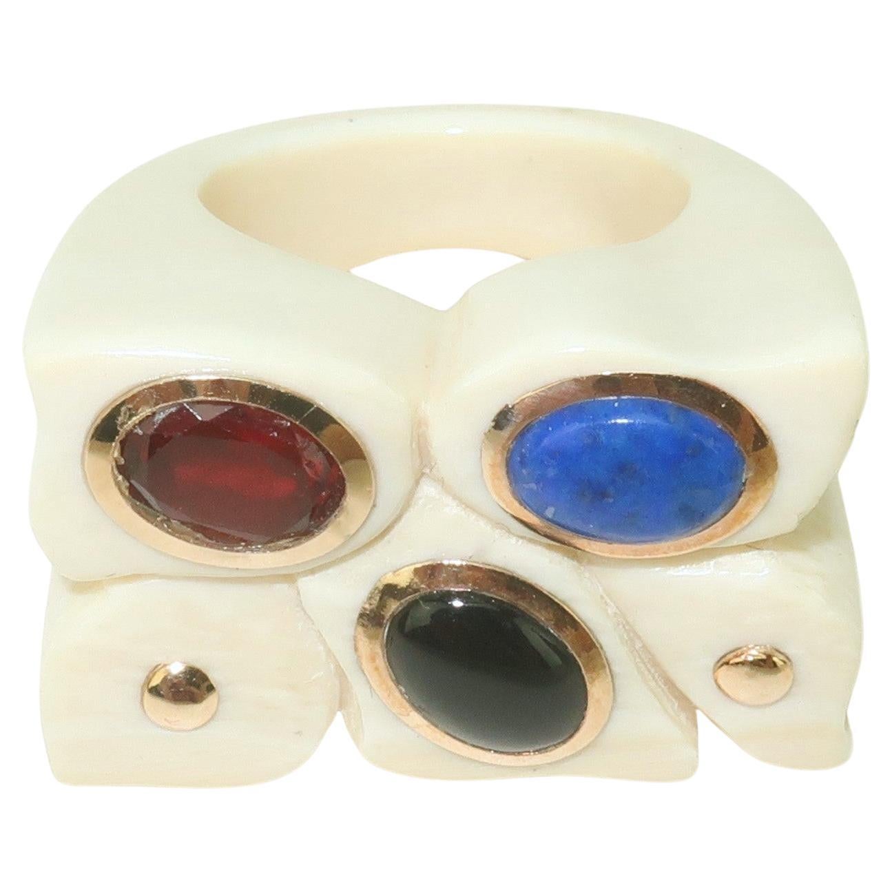 Carved Bone Ring With 14K Framed Semi Precious Stones, 1970’s For Sale