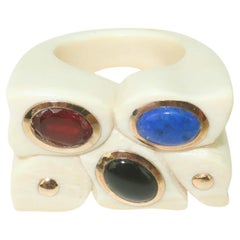 Carved Bone Ring With 14K Framed Semi Precious Stones, 1970’s
