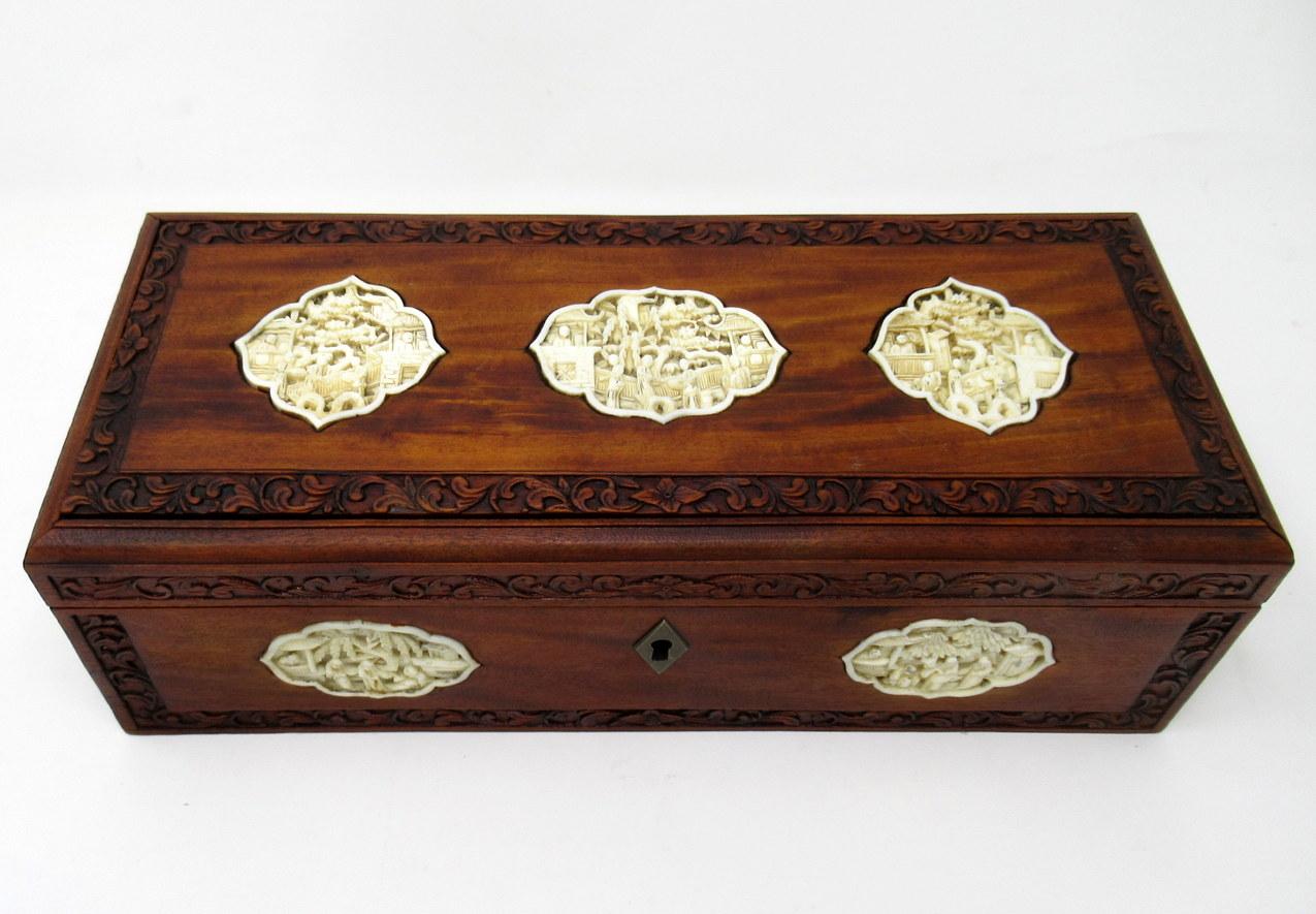 Truly stunning cantonese polished sandalwood and carved cow bone ladies glove box of traditional rectangular outline, mid to late 19th century. 

The outer body is decorated with nine exquisitely hand carved decorative panels depicting Chinese