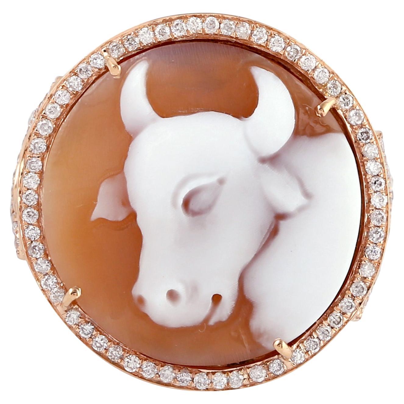 Carved Bovine Shaped Shell Cameo Round Ring with Pave Diamonds Made in 18k Gold For Sale