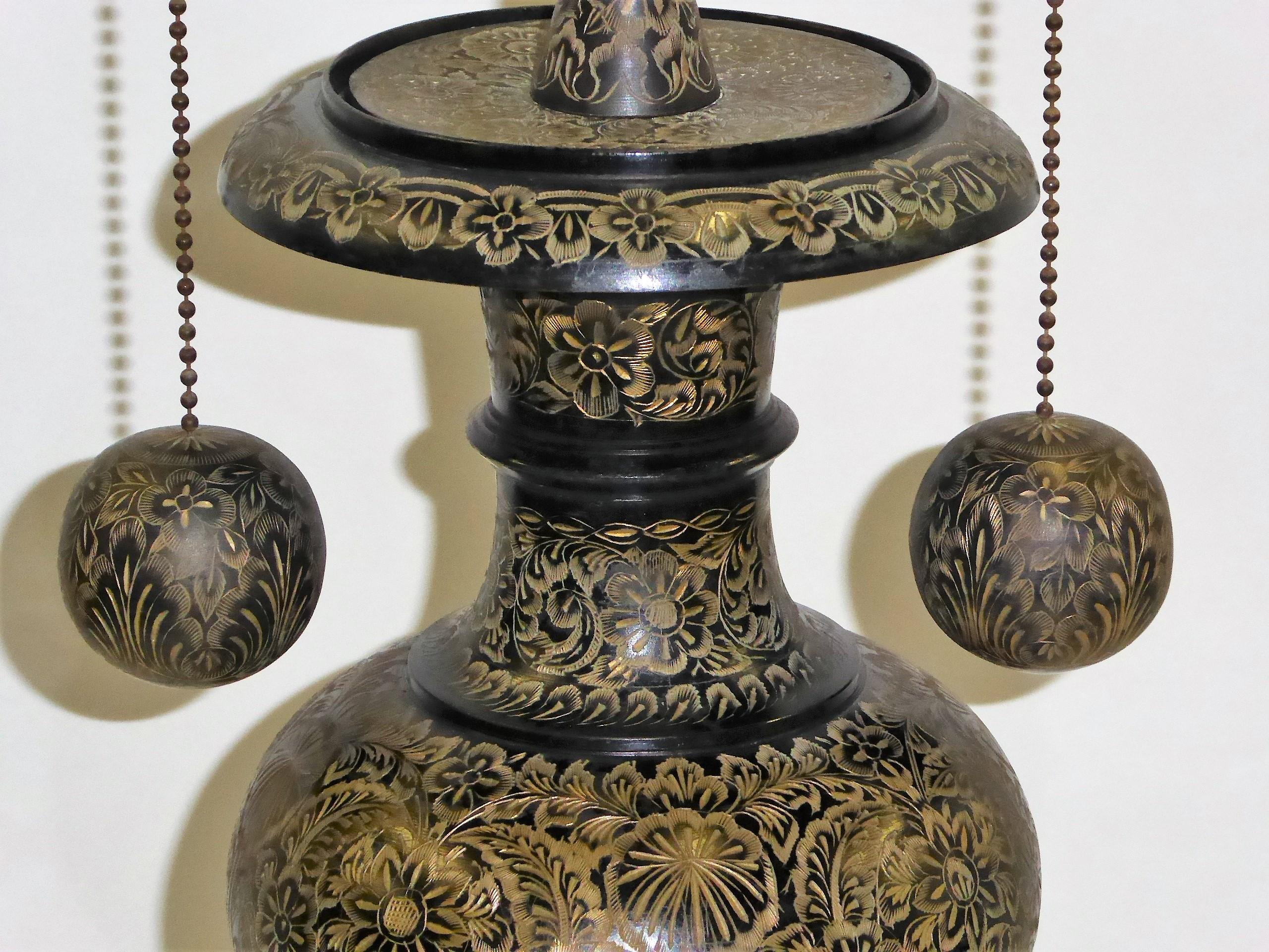 Indian Carved Brass Pair of Arabesque Floral Vase Table Lamps, 1970s