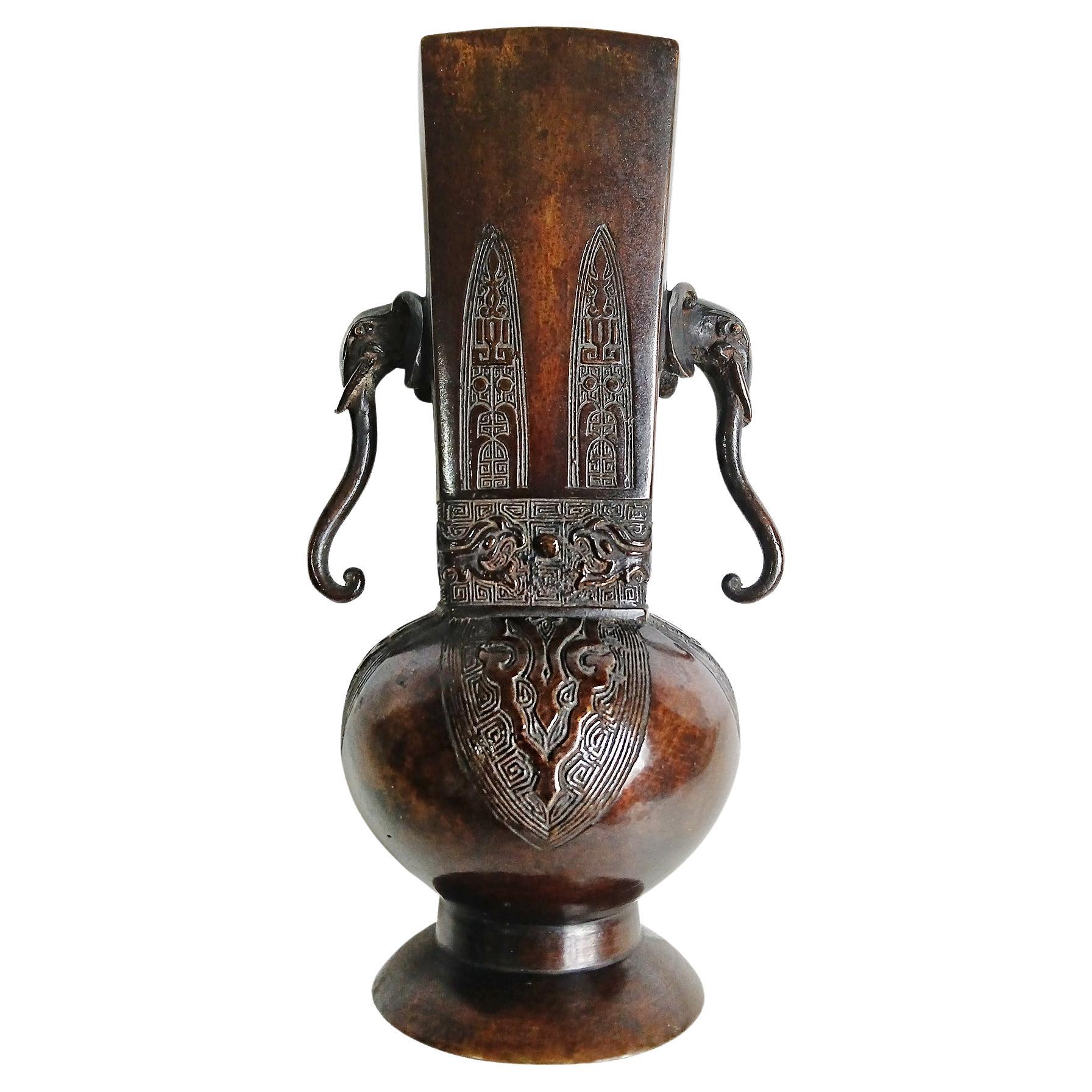 Carved Brass Vase with Elephant Handles, Early - Mid 20th Century