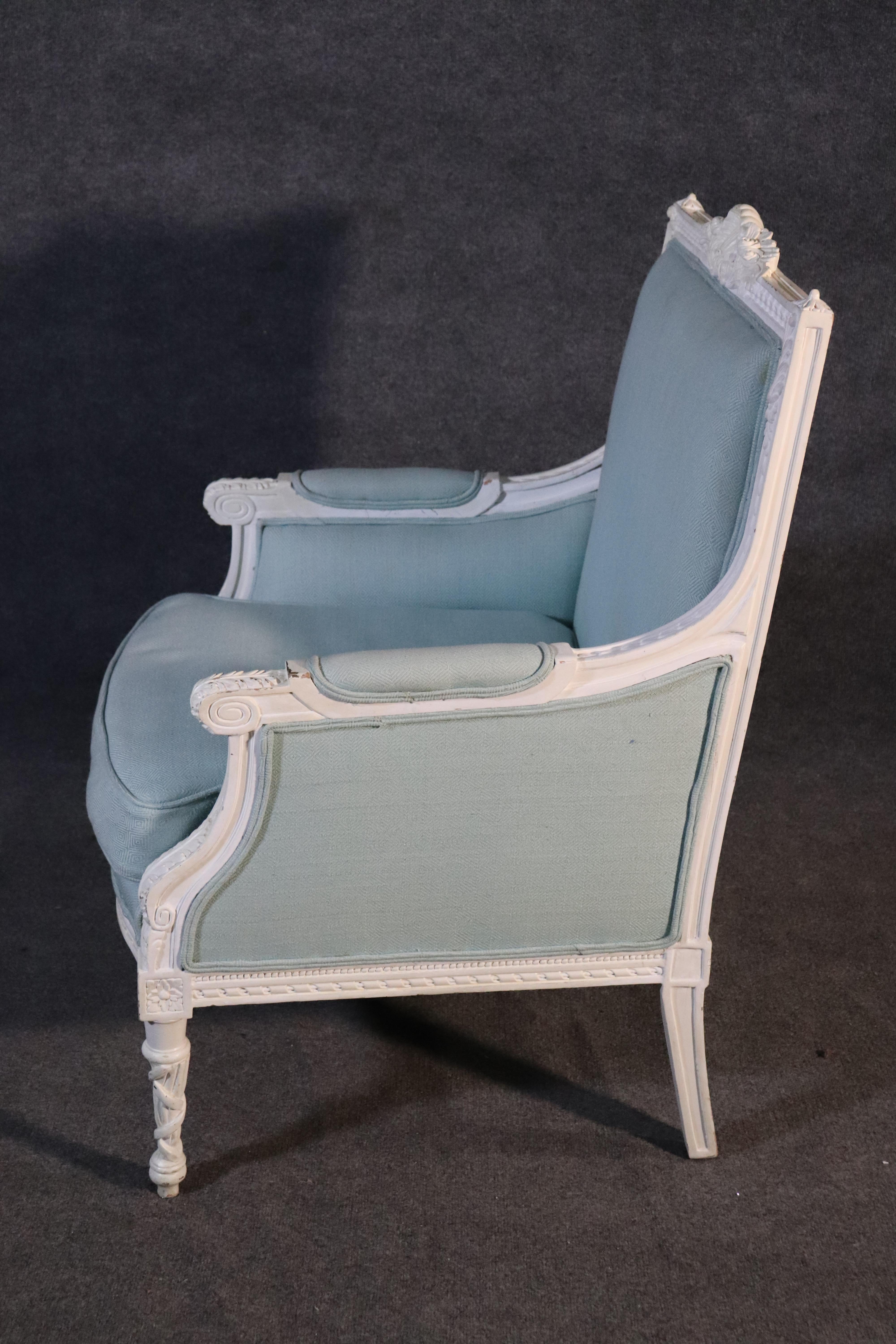 Mid-20th Century Carved Bright White Distressed Painted French Louis XVI Bergère Club Chair