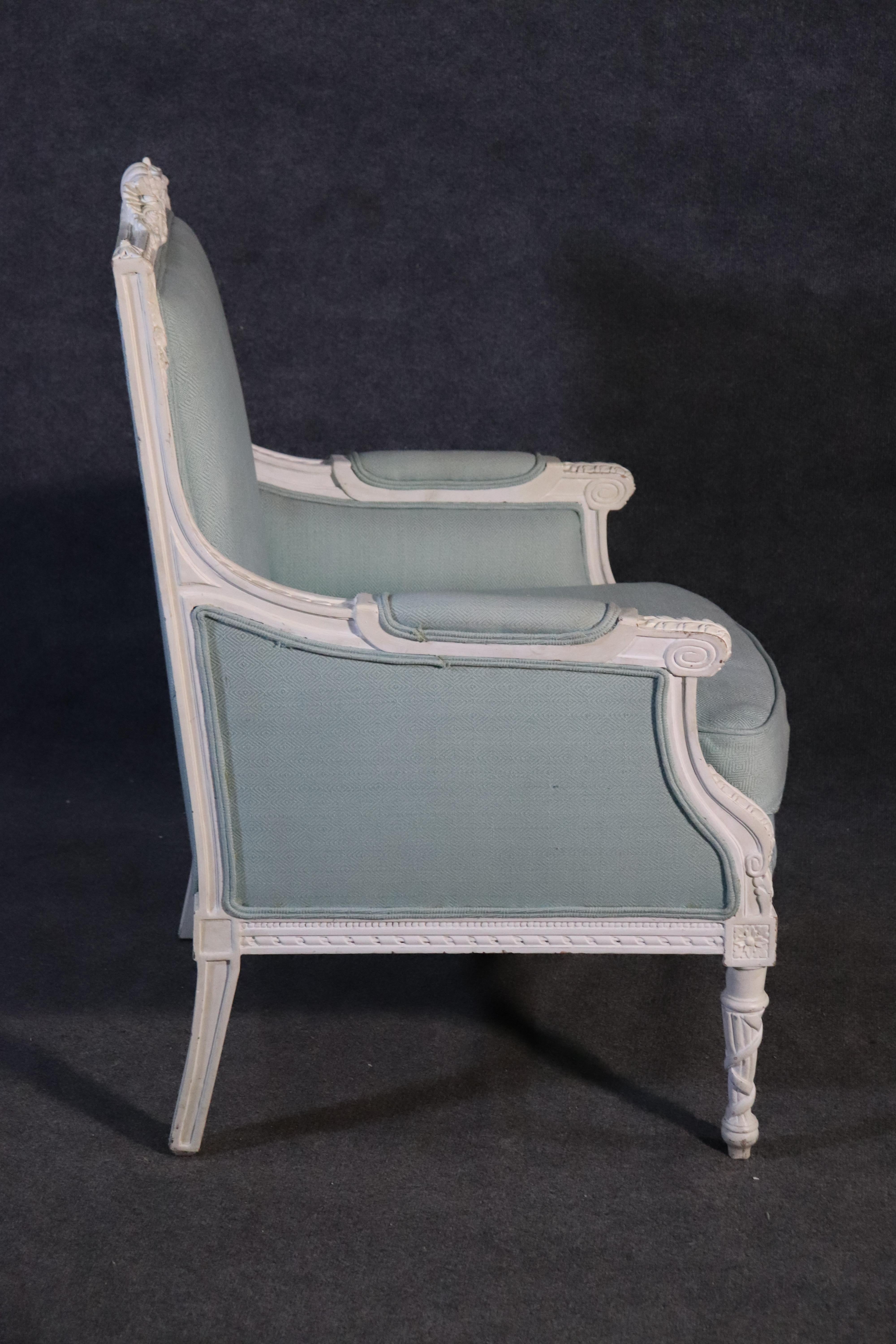 Carved Bright White Distressed Painted French Louis XVI Bergère Club Chair 1