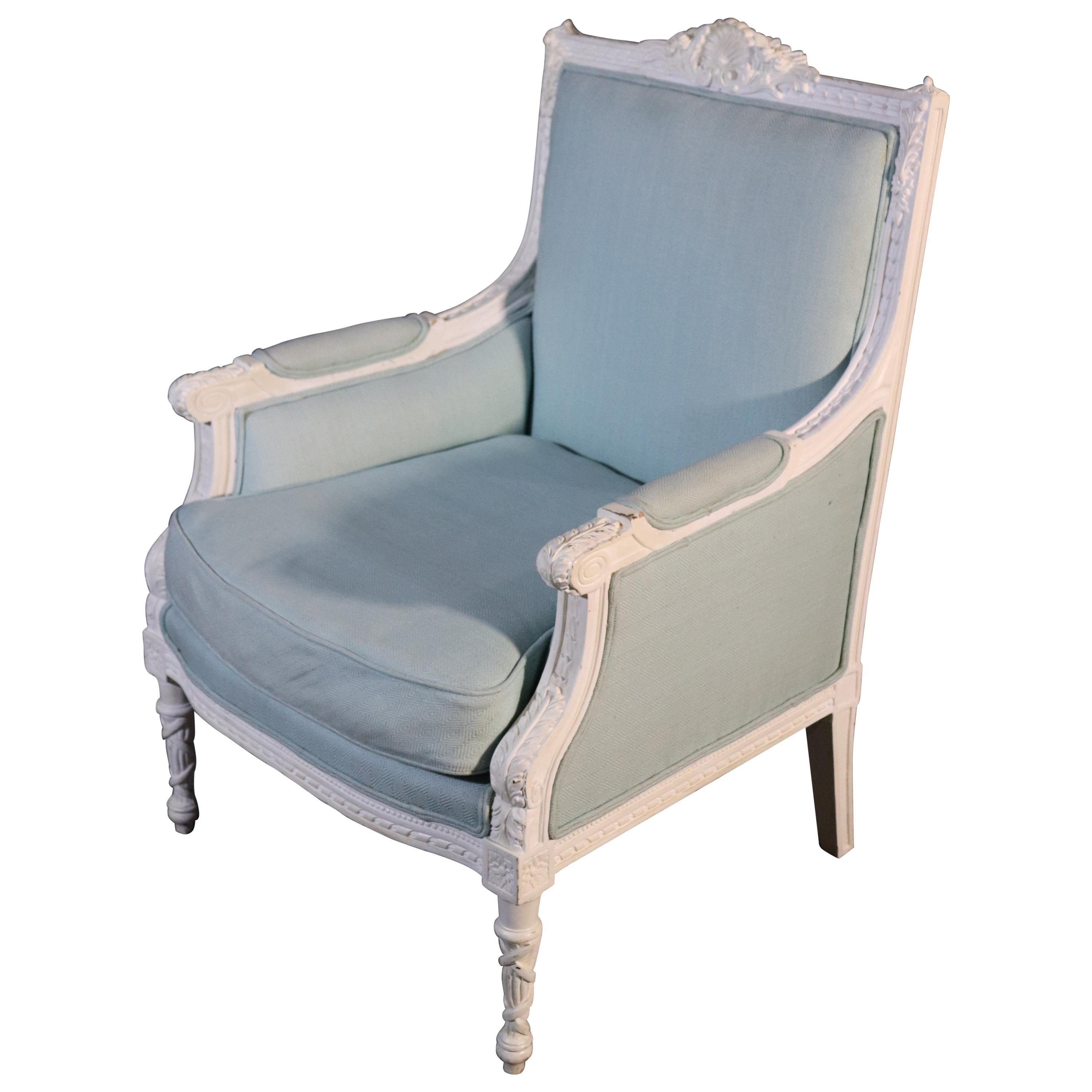 Carved Bright White Distressed Painted French Louis XVI Bergère Club Chair