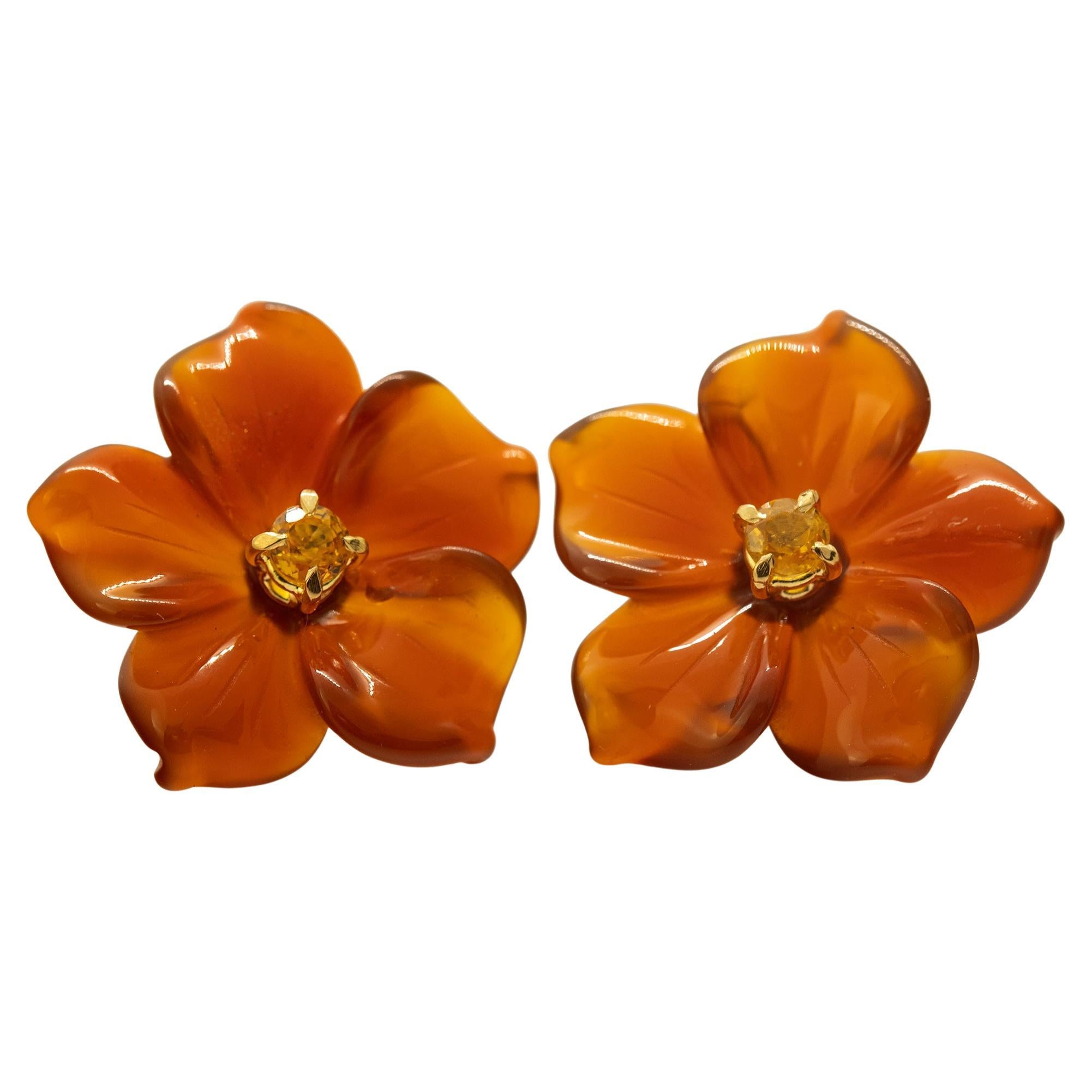 Clous d
oreilles cocktail d
amour en or jaune 18 carats avec agate brune sculptée et fleur en saphir