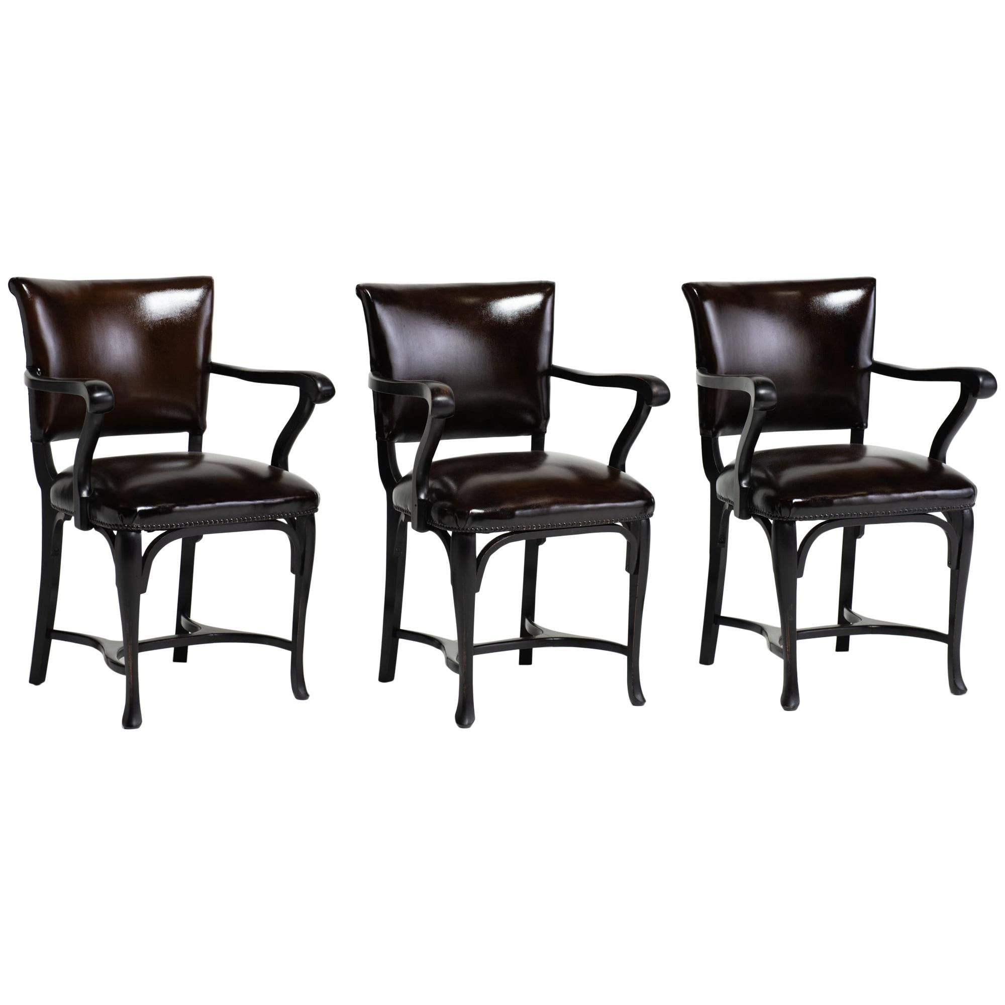 Carved Brown Leather Dining Chairs, England, circa 1900