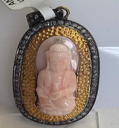 Carved Buddha On Coral Pendant Accented With Diamonds Made In 18k Gold & Silver