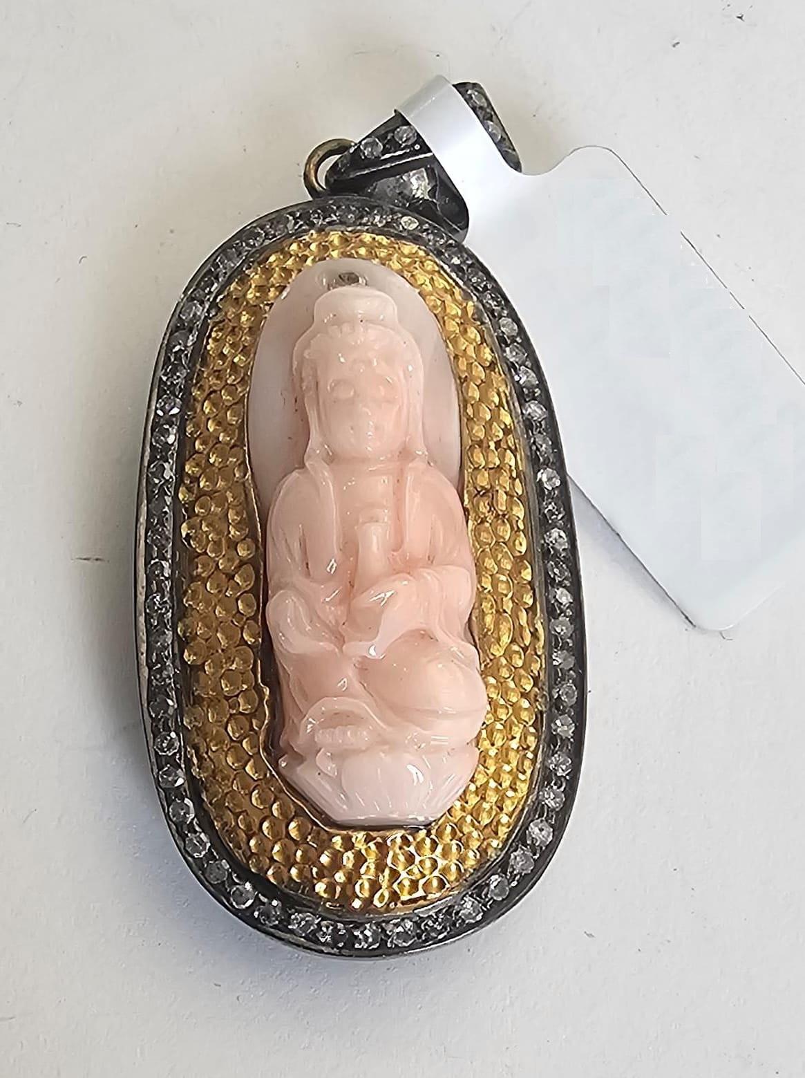 Artisan Carved Buddha On Coral Pendant Accented With Diamonds Made In 18k Gold & Silver For Sale