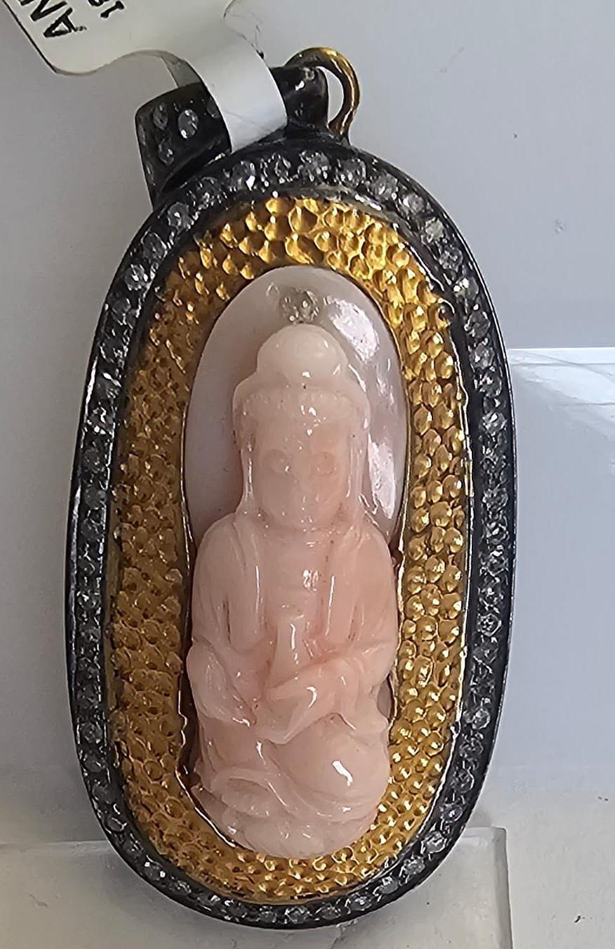 Carved Buddha On Coral Pendant Accented With Diamonds Made In 18k Gold & Silver In New Condition For Sale In New York, NY