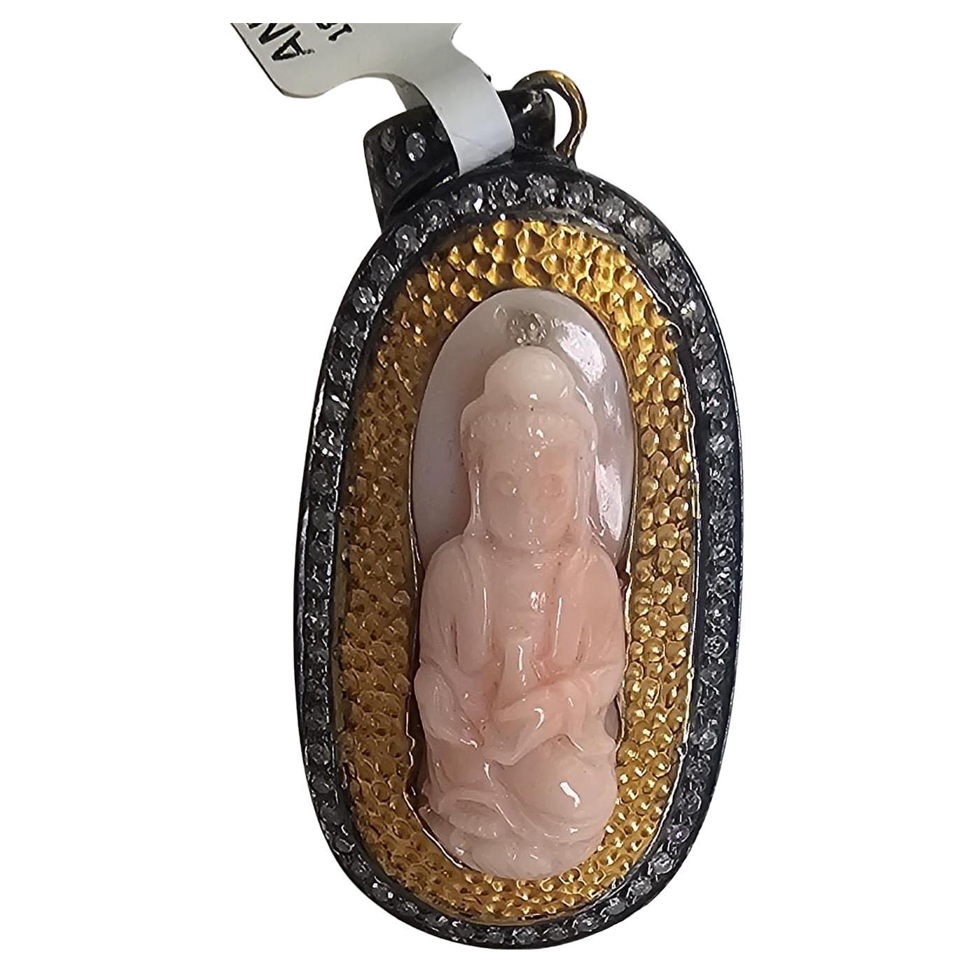 Carved Buddha On Coral Pendant Accented With Diamonds Made In 18k Gold & Silver For Sale