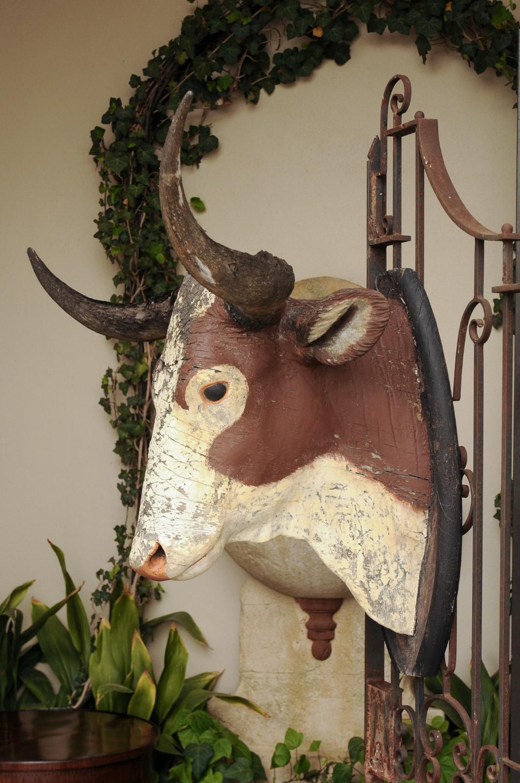 Carved Bull Head with Weathered Patina, Found in an Austrian Castle, circa 1880 5