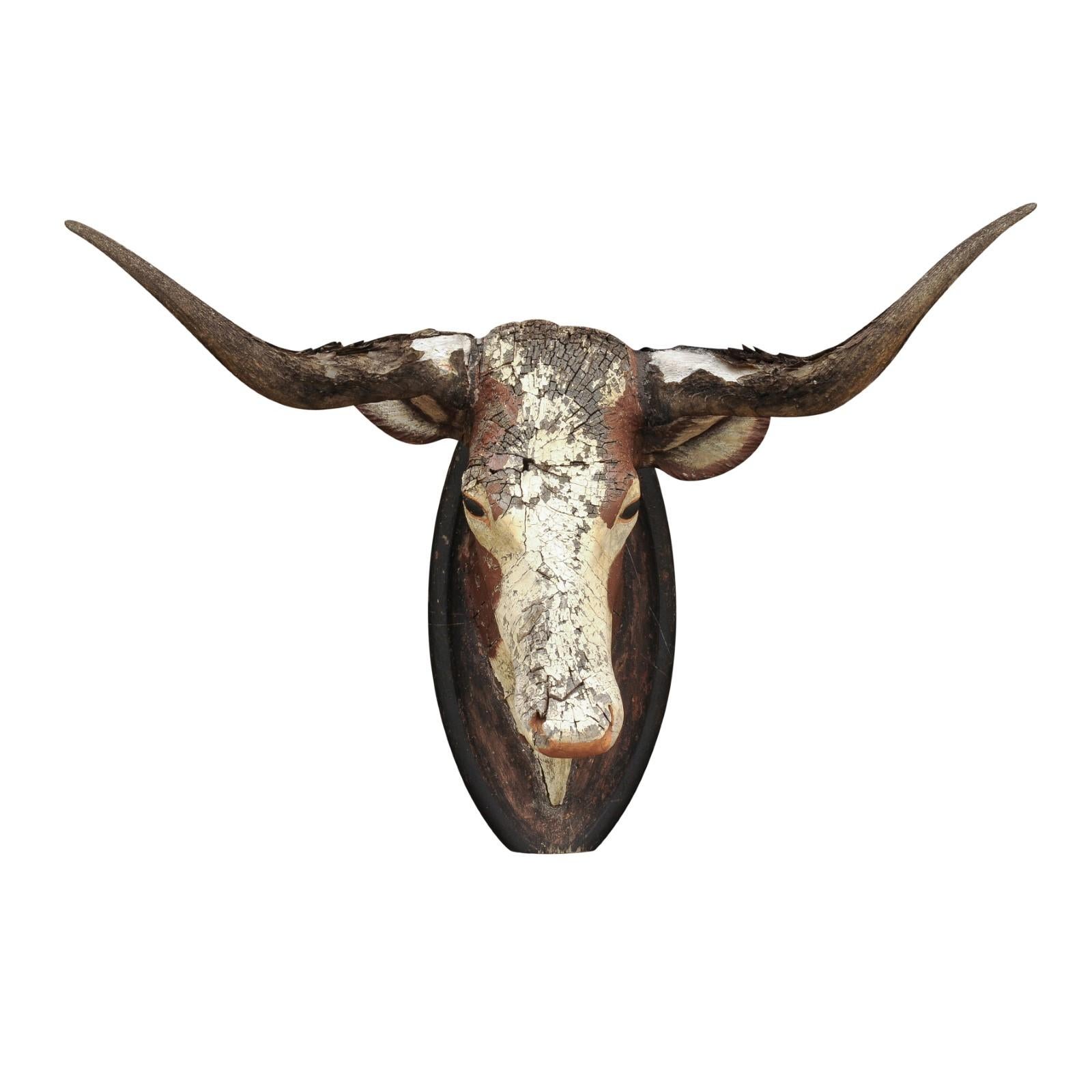 Carved Bull Head with Weathered Patina, Found in an Austrian Castle, circa 1880