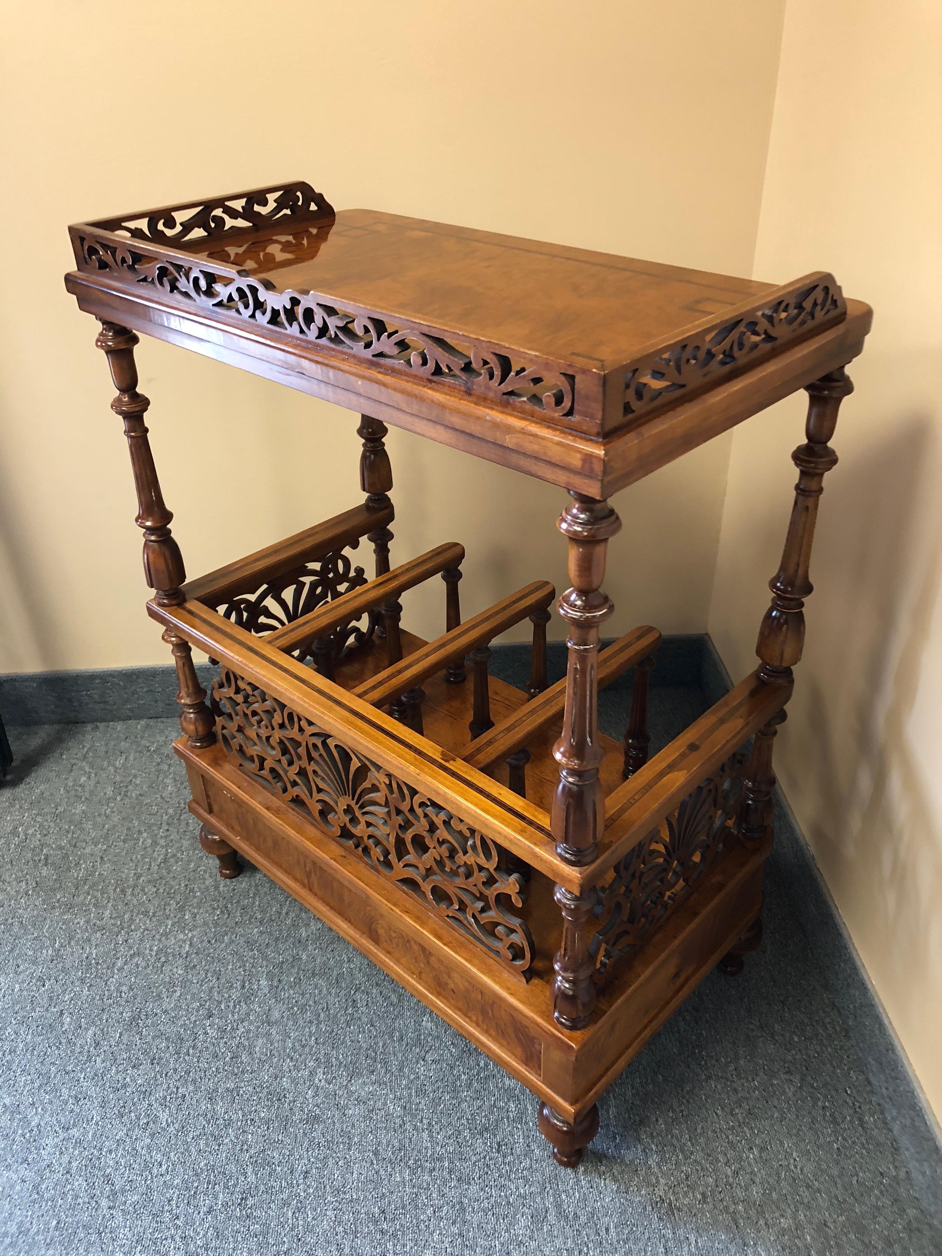 Carved Burl and Inlaid Rho Mobili Canterbury Magazine Rack with Single Drawer 5