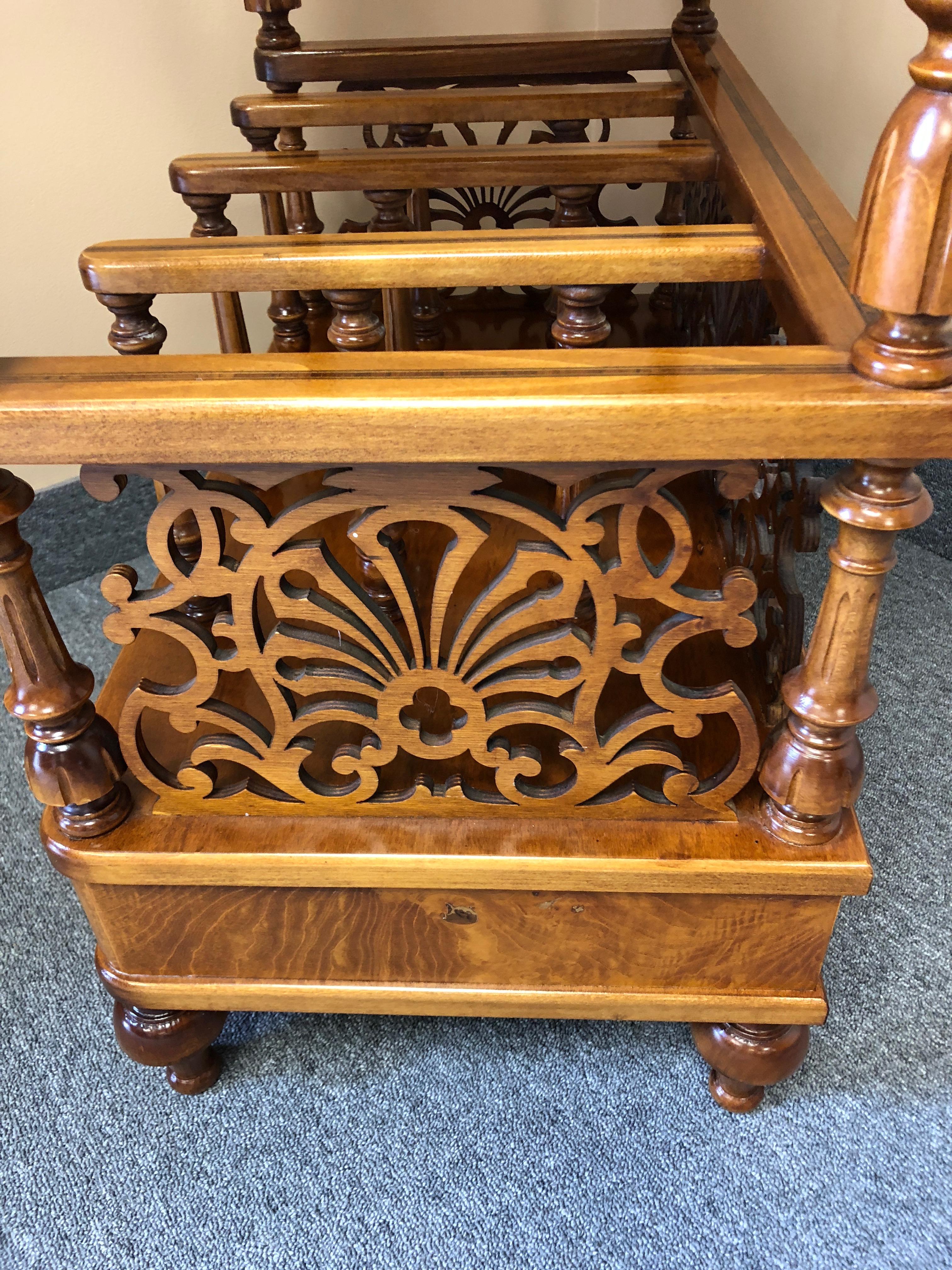 Carved Burl and Inlaid Rho Mobili Canterbury Magazine Rack with Single Drawer 6