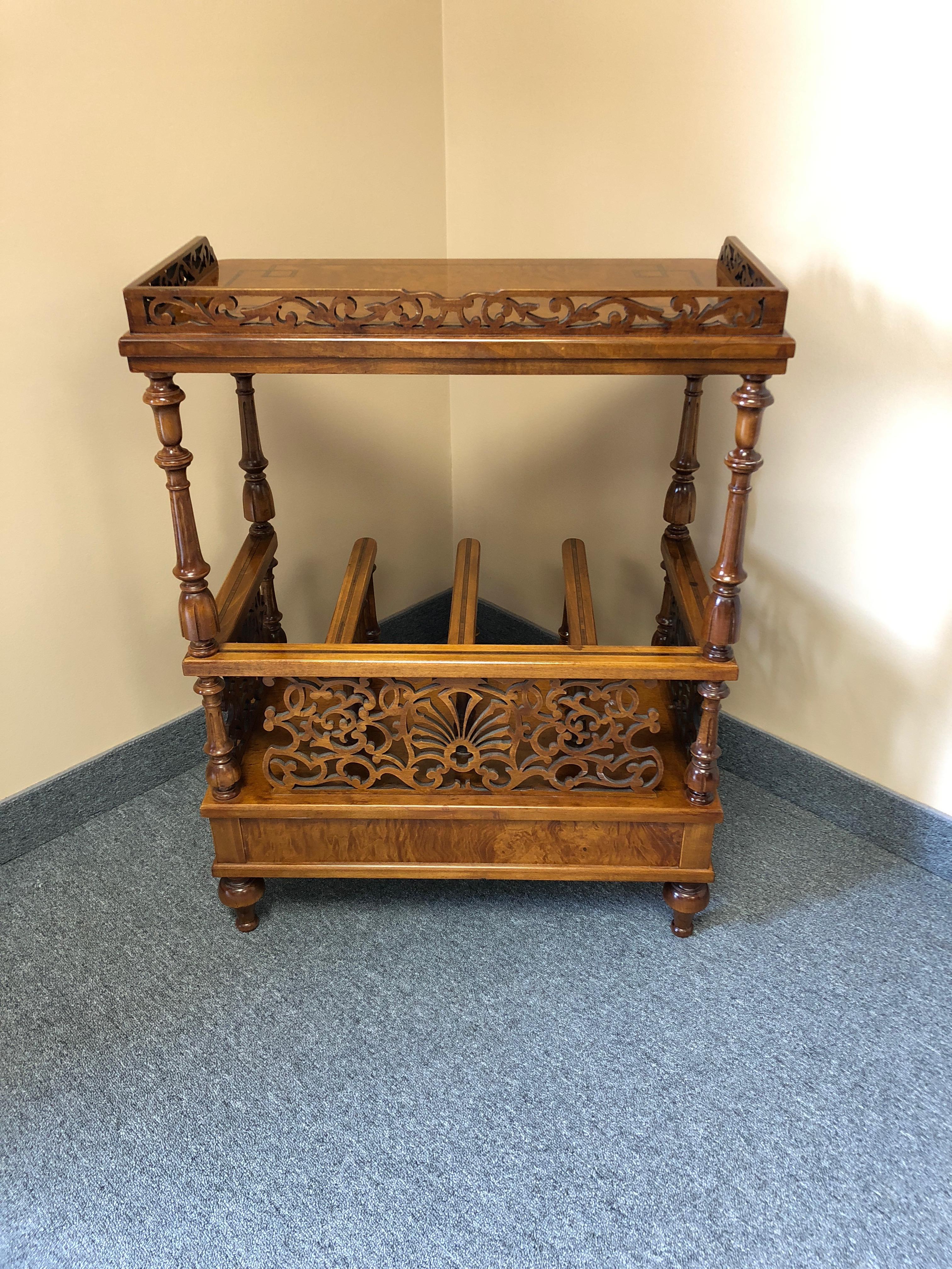 Carved Burl and Inlaid Rho Mobili Canterbury Magazine Rack with Single Drawer 9