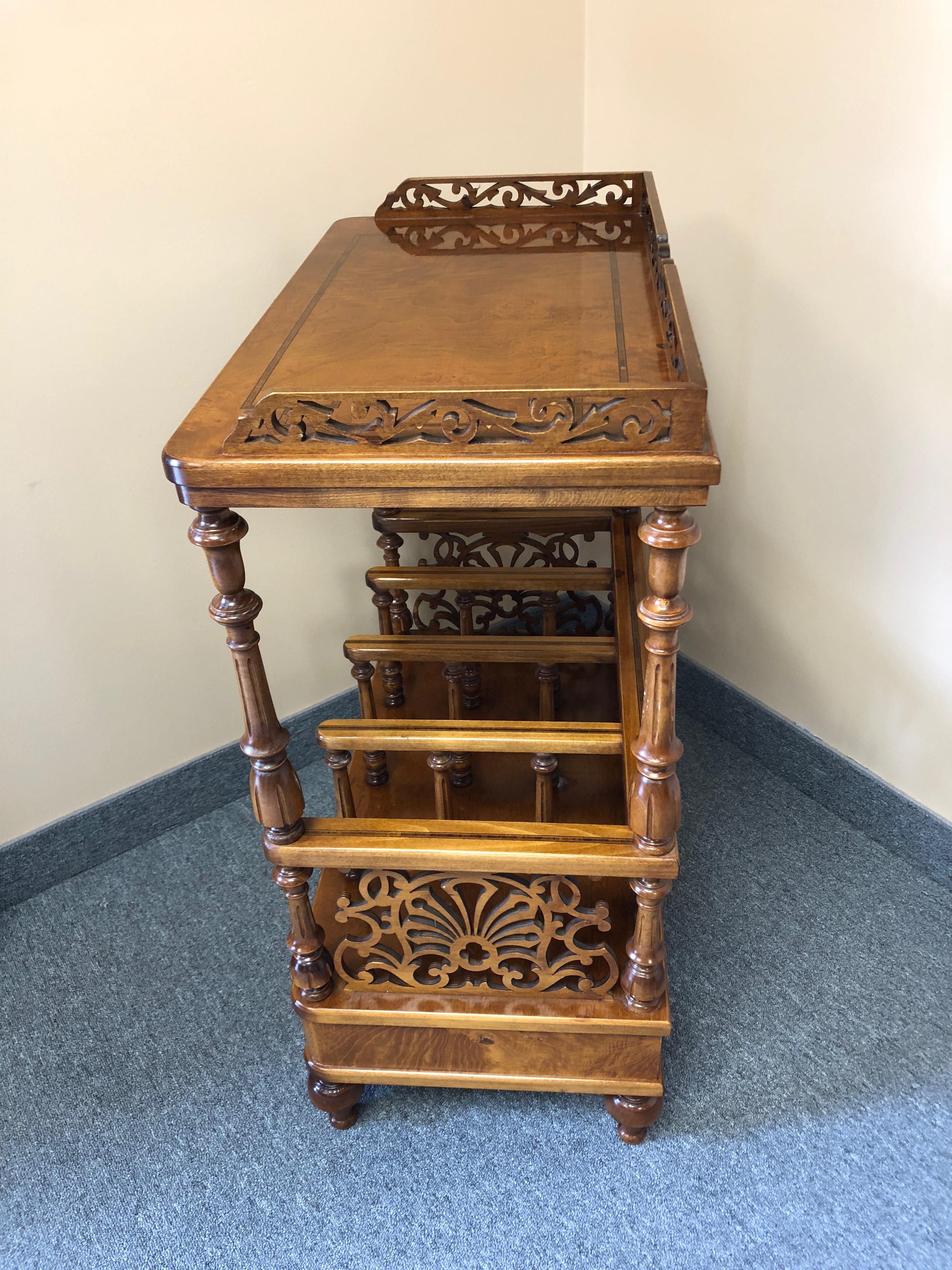 Carved Burl and Inlaid Rho Mobili Canterbury Magazine Rack with Single Drawer 3