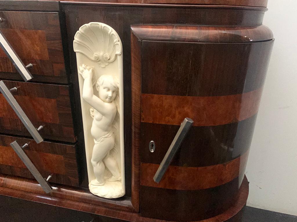 Cassettiera ovale in radica intagliata e specchio di Ducrot, anni Venti, set di 2 in vendita 6
