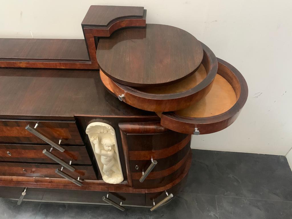 Cassettiera ovale in radica intagliata e specchio di Ducrot, anni Venti, set di 2 in vendita 8