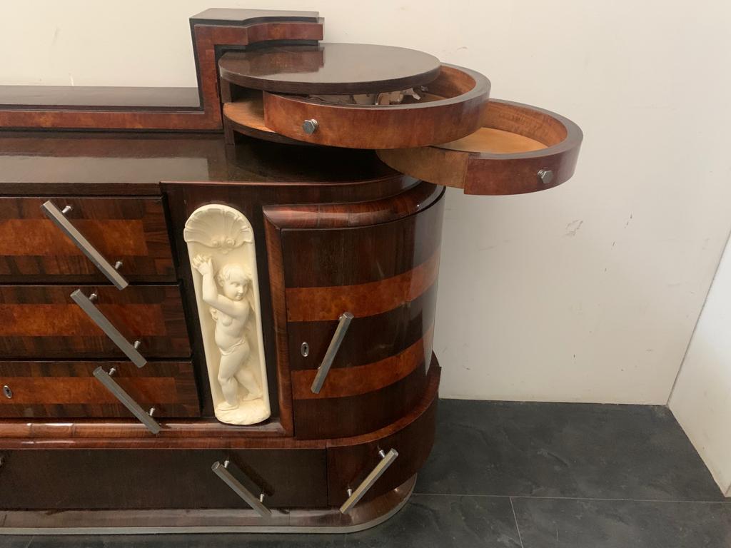 Cassettiera ovale in radica intagliata e specchio di Ducrot, anni Venti, set di 2 in vendita 10