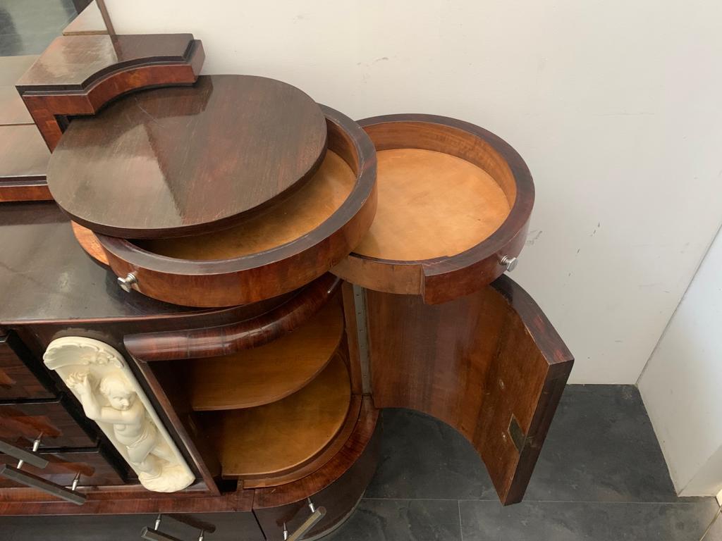 Cassettiera ovale in radica intagliata e specchio di Ducrot, anni Venti, set di 2 in vendita 12