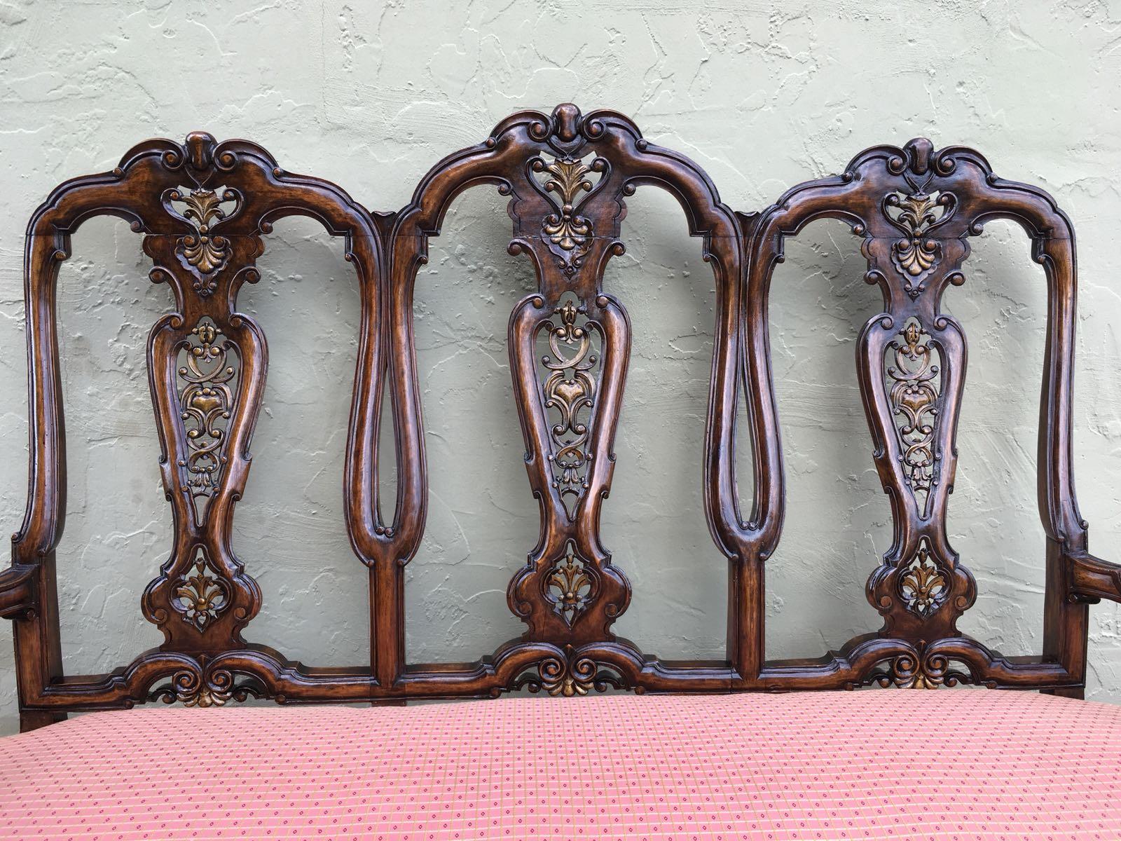 English Carved Burl Walnut Queen Anne Style Three Seats Sofa, circa 1940 For Sale