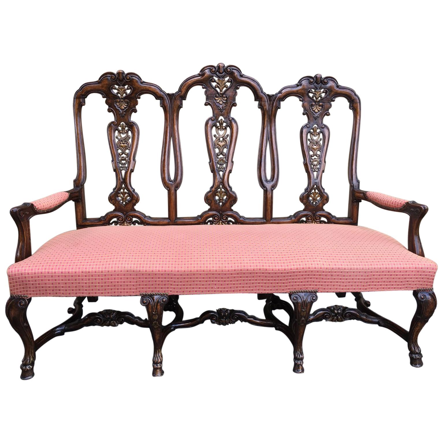 Carved Burl Walnut Queen Anne Style Three Seats Sofa, circa 1940 For Sale