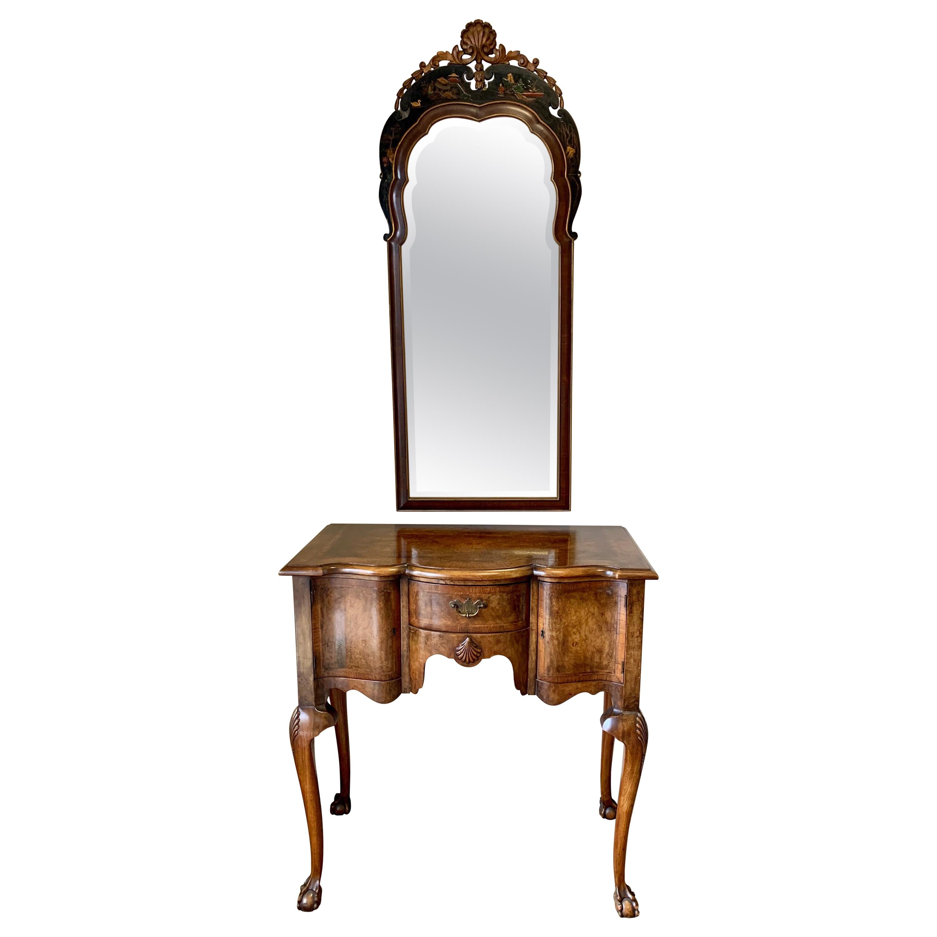 Carved Burled Walnut Console Table and Black Chinoiserie Mirror, 2 Pcs