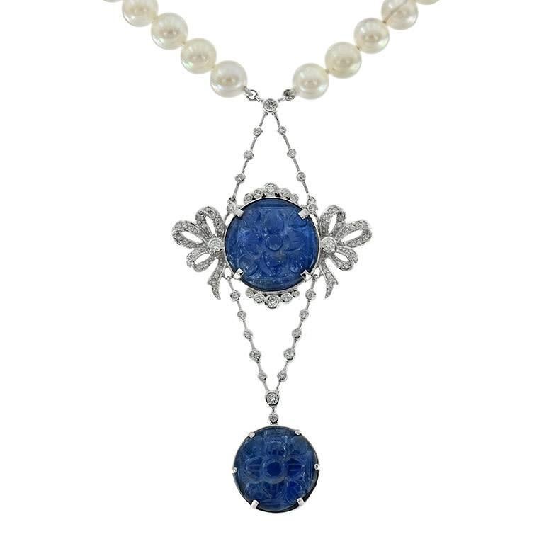 Carved Burmese Blue Sapphire 17.10 Carat Akoya Pearl Diamond Drop Necklace