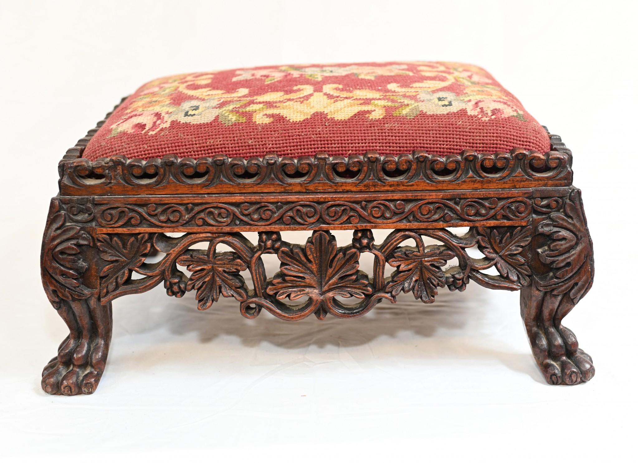 Gorgeous hand carved antique Burmese foot stool
Finished with intricate needlepoint tapestry top
Amazing details to the carving, circa 1880
Some of our items are in storage so please check ahead of a viewing to see if it is on our shop