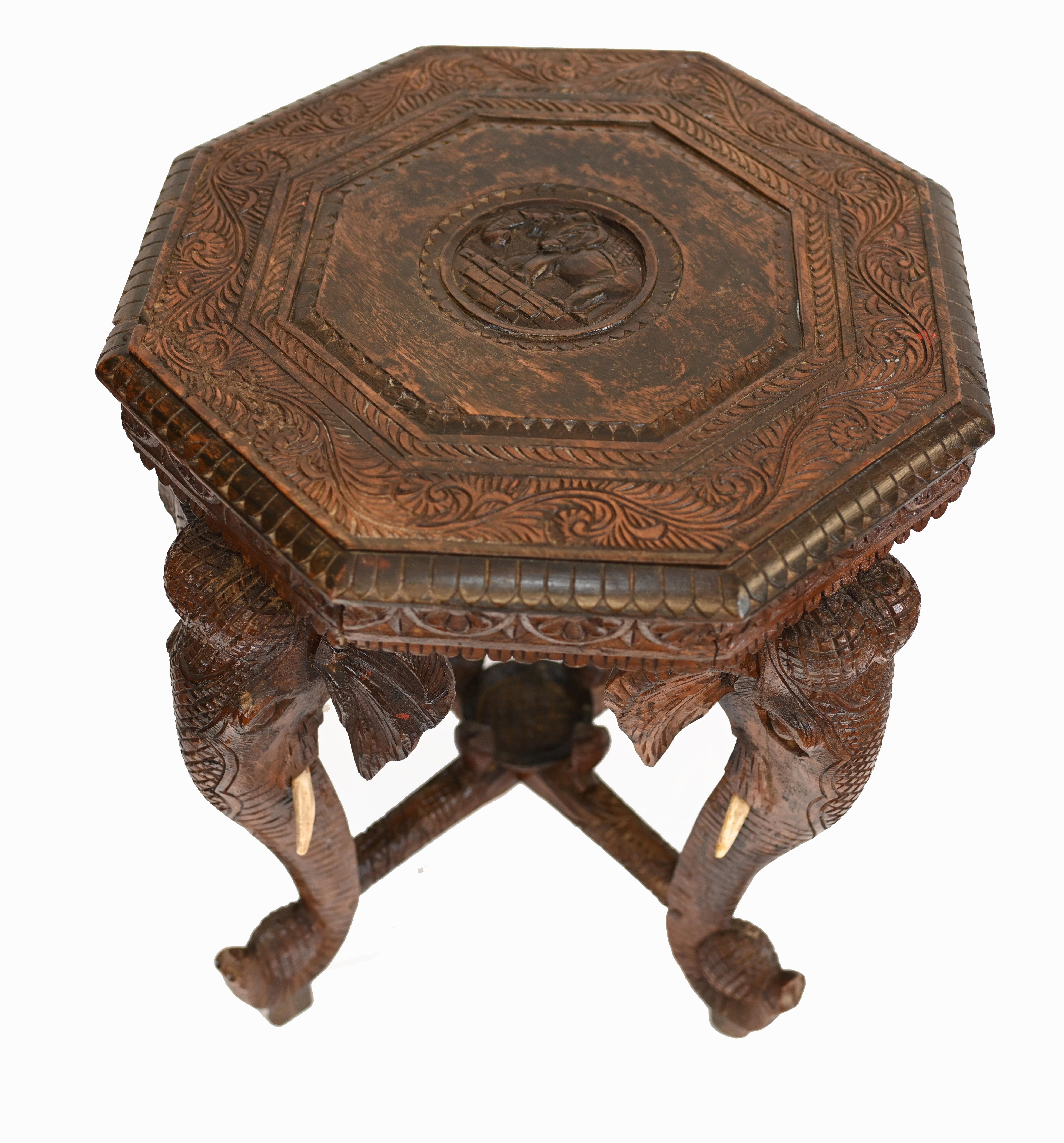 Carved Burmese Side Table Elephant Legs Burma 1880 In Good Condition For Sale In Potters Bar, GB