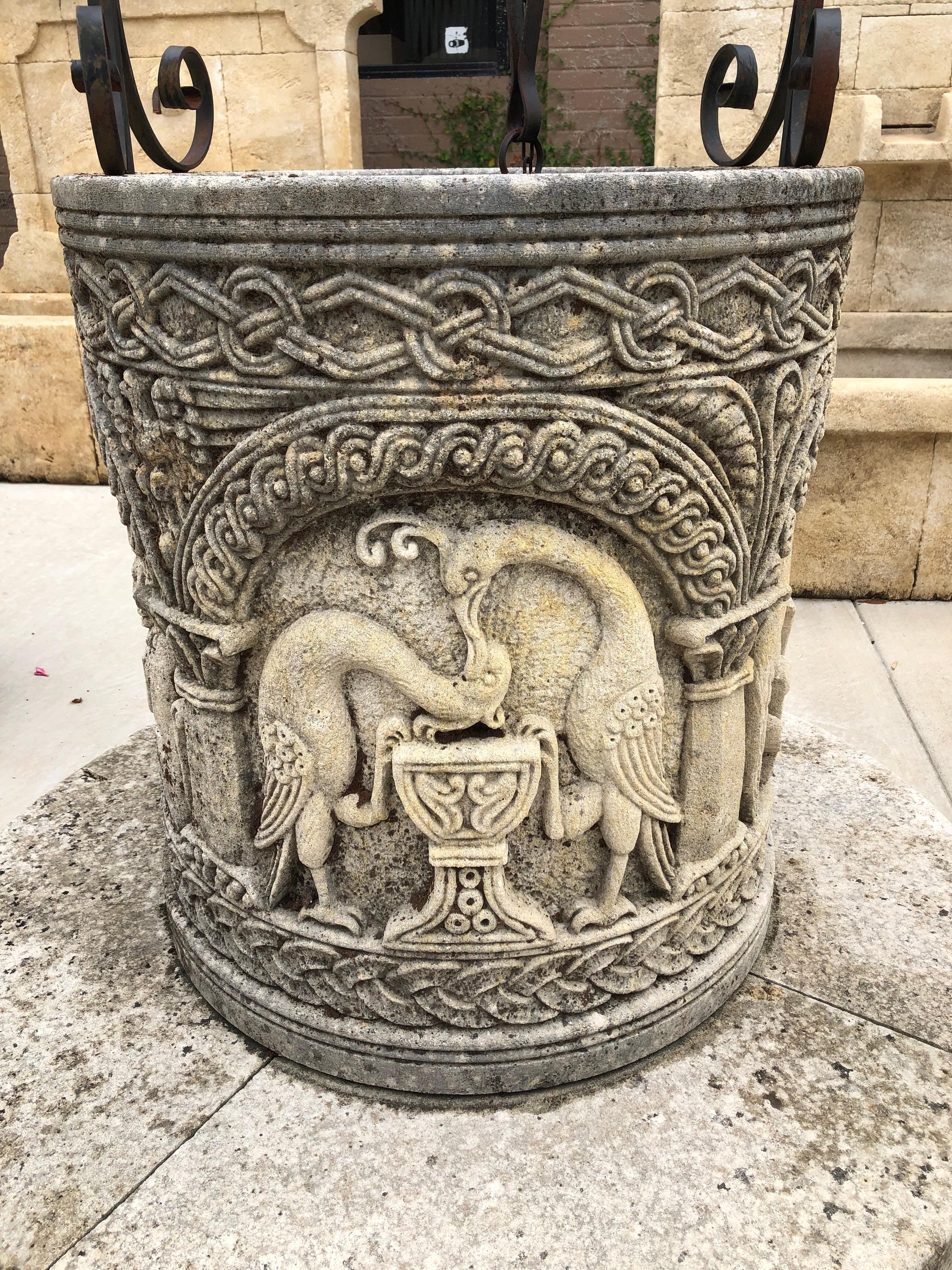 Carved Byzantine Style Limestone Wellhead with Scrolled Ironwork For Sale 4