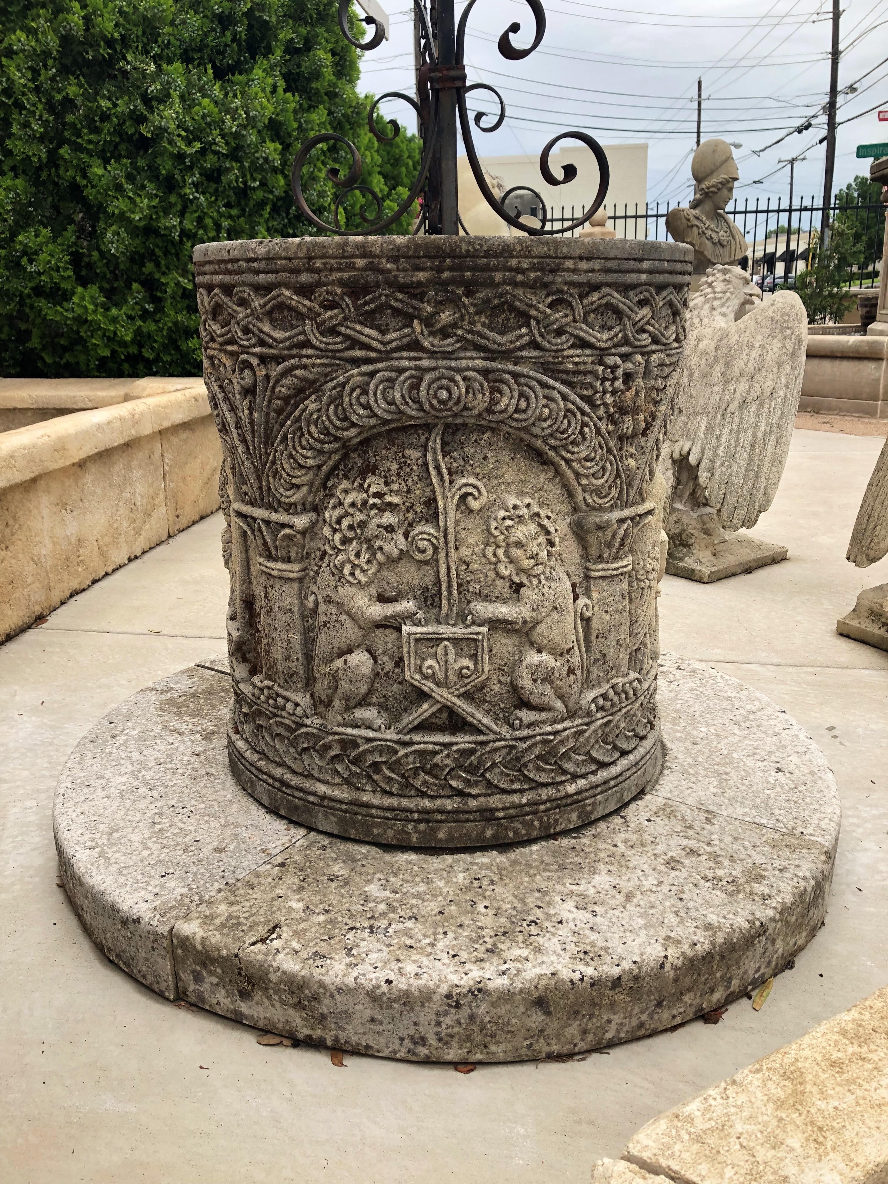 Carved Byzantine Style Limestone Wellhead with Scrolled Ironwork For Sale 5