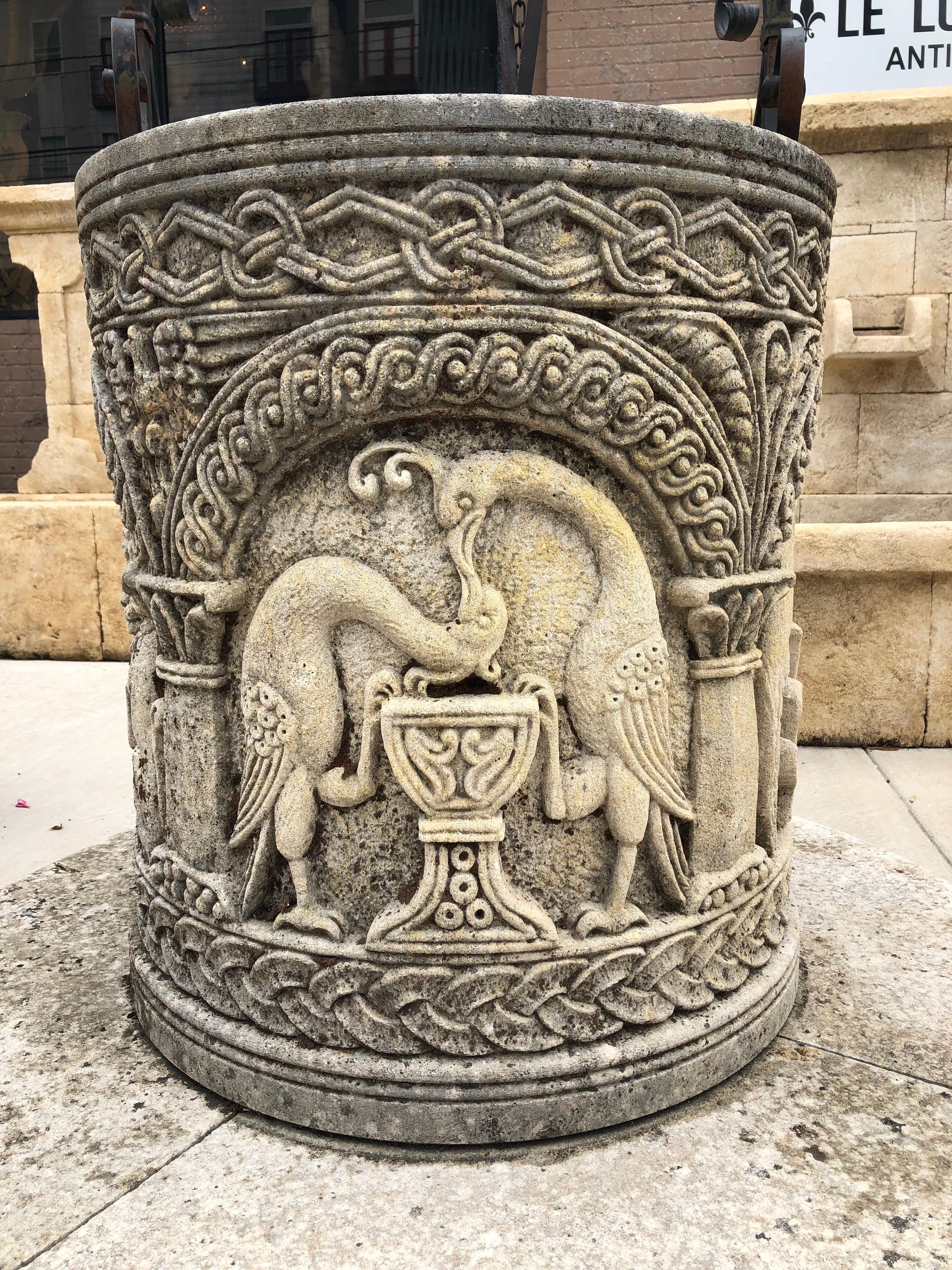 Carved Byzantine Style Limestone Wellhead with Scrolled Ironwork For Sale 1