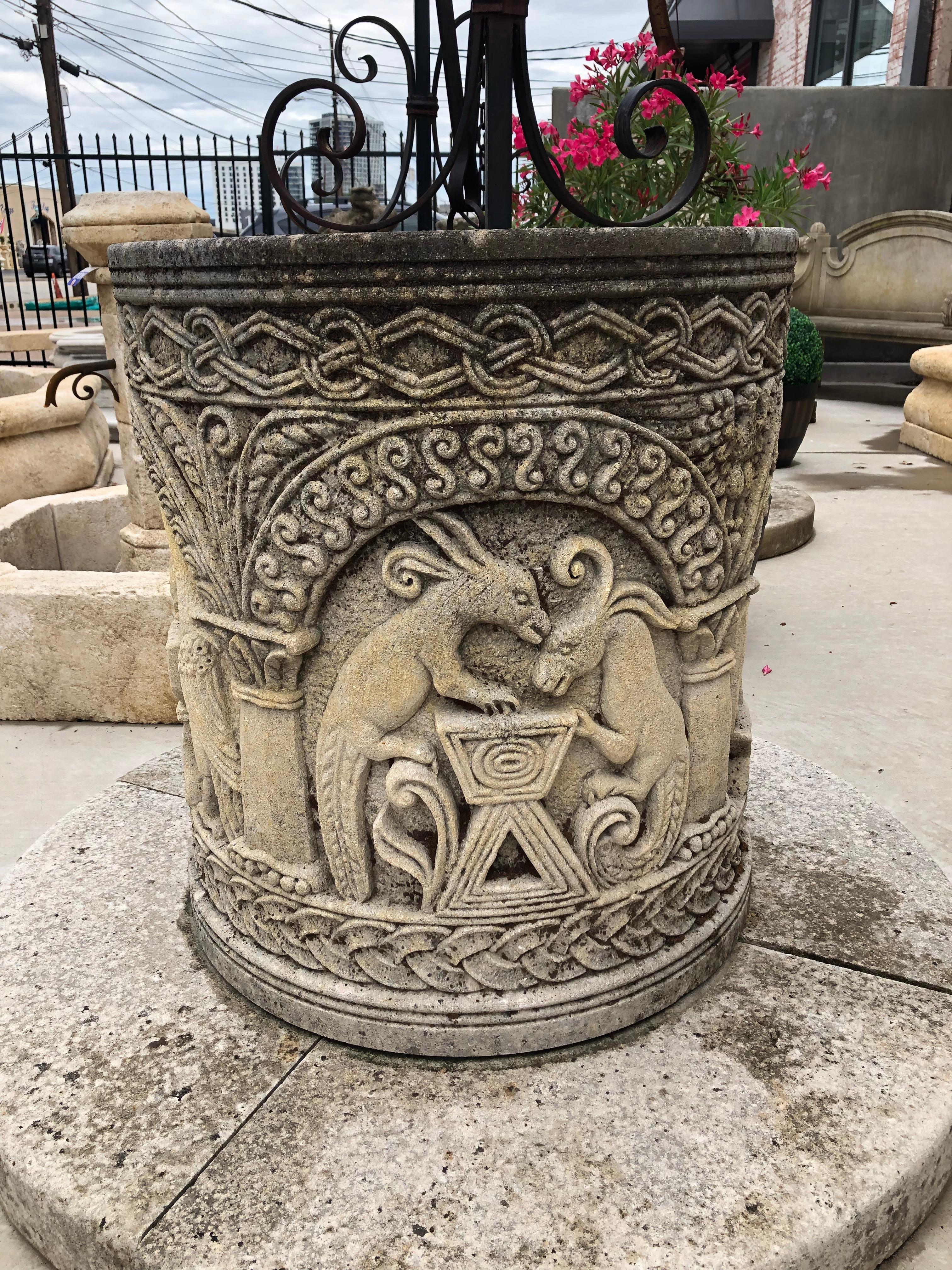 Carved Byzantine Style Limestone Wellhead with Scrolled Ironwork For Sale 3